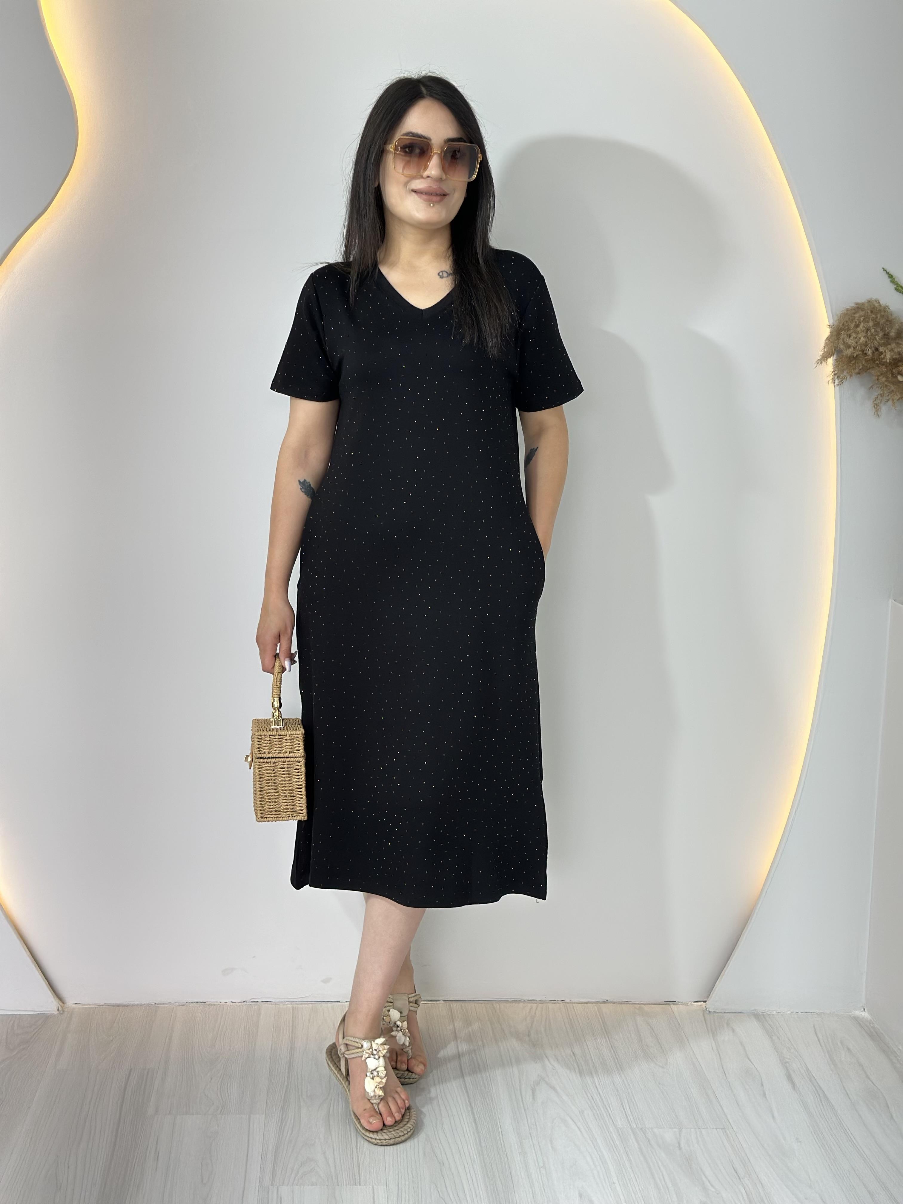 Mod Siyah Önü Taşlı Viskon Cepli Elbise  A092