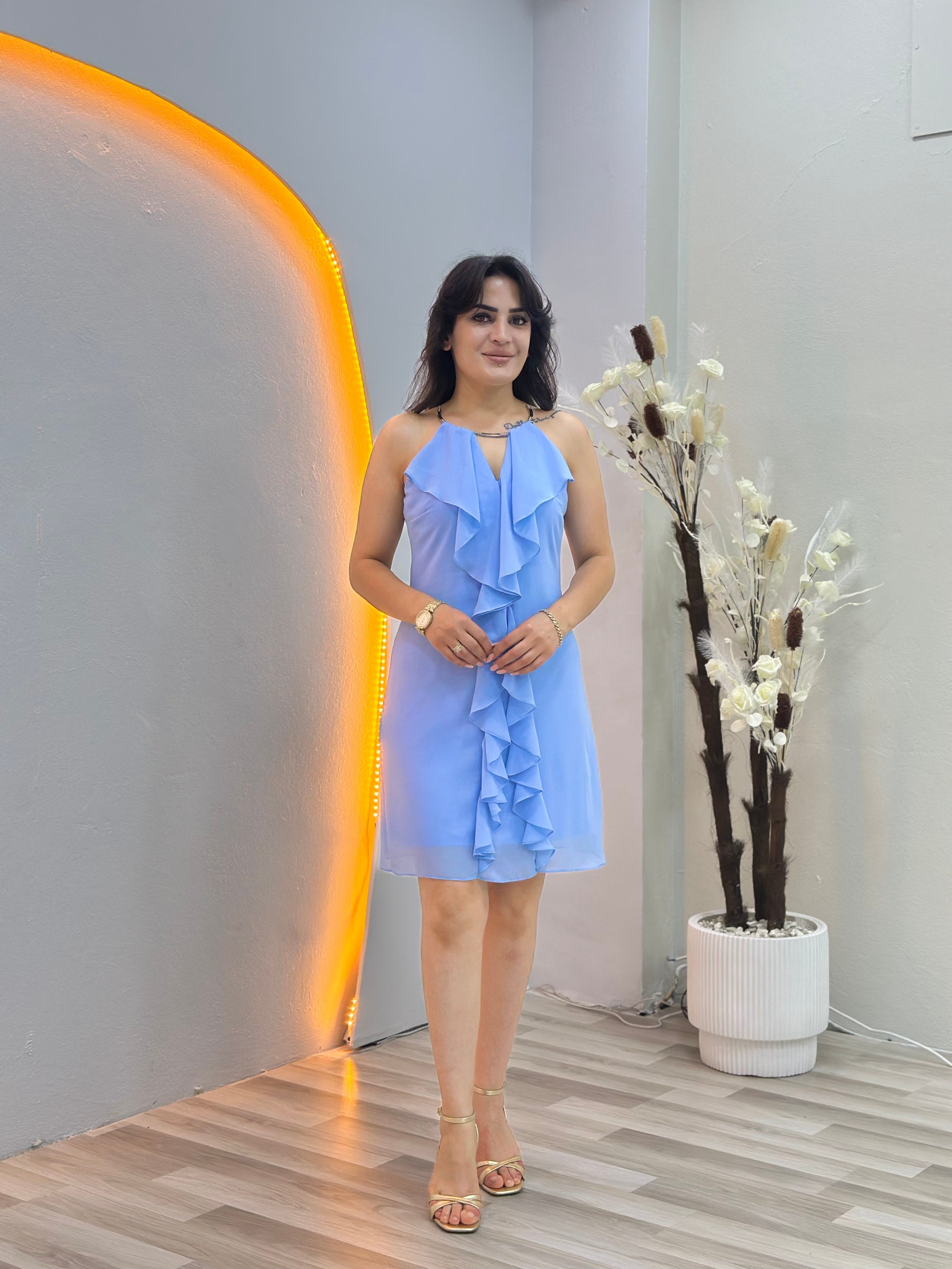 Moii Bebe Mavi Halter Yaka Önü Fırfırlı Astarlı Şifon Elbise D145