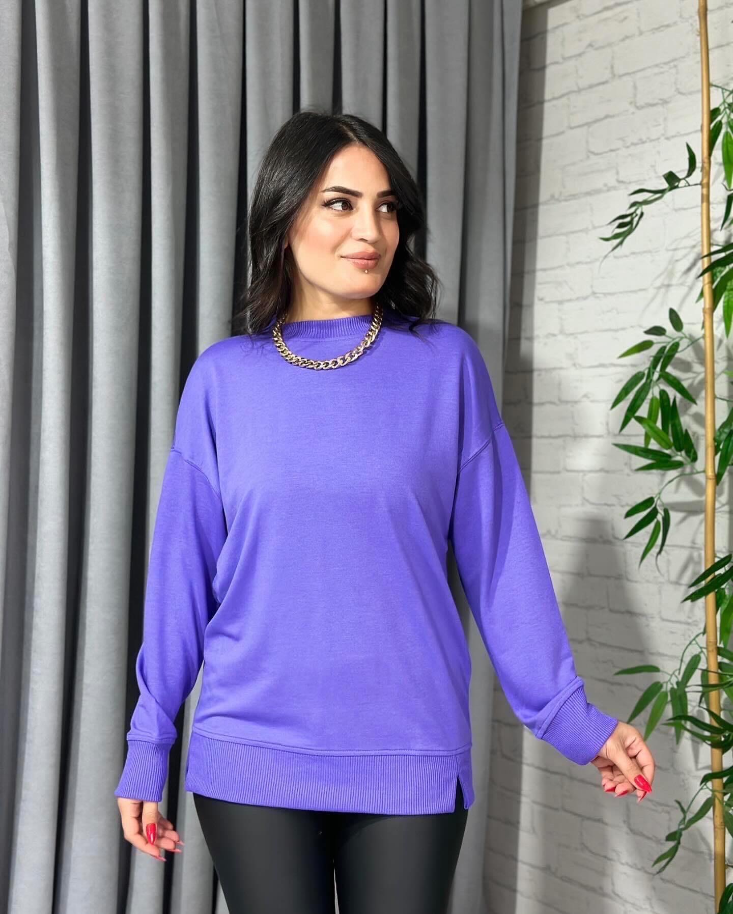 Mor Bisiklet Yaka Pamuklu Sweatshirt 