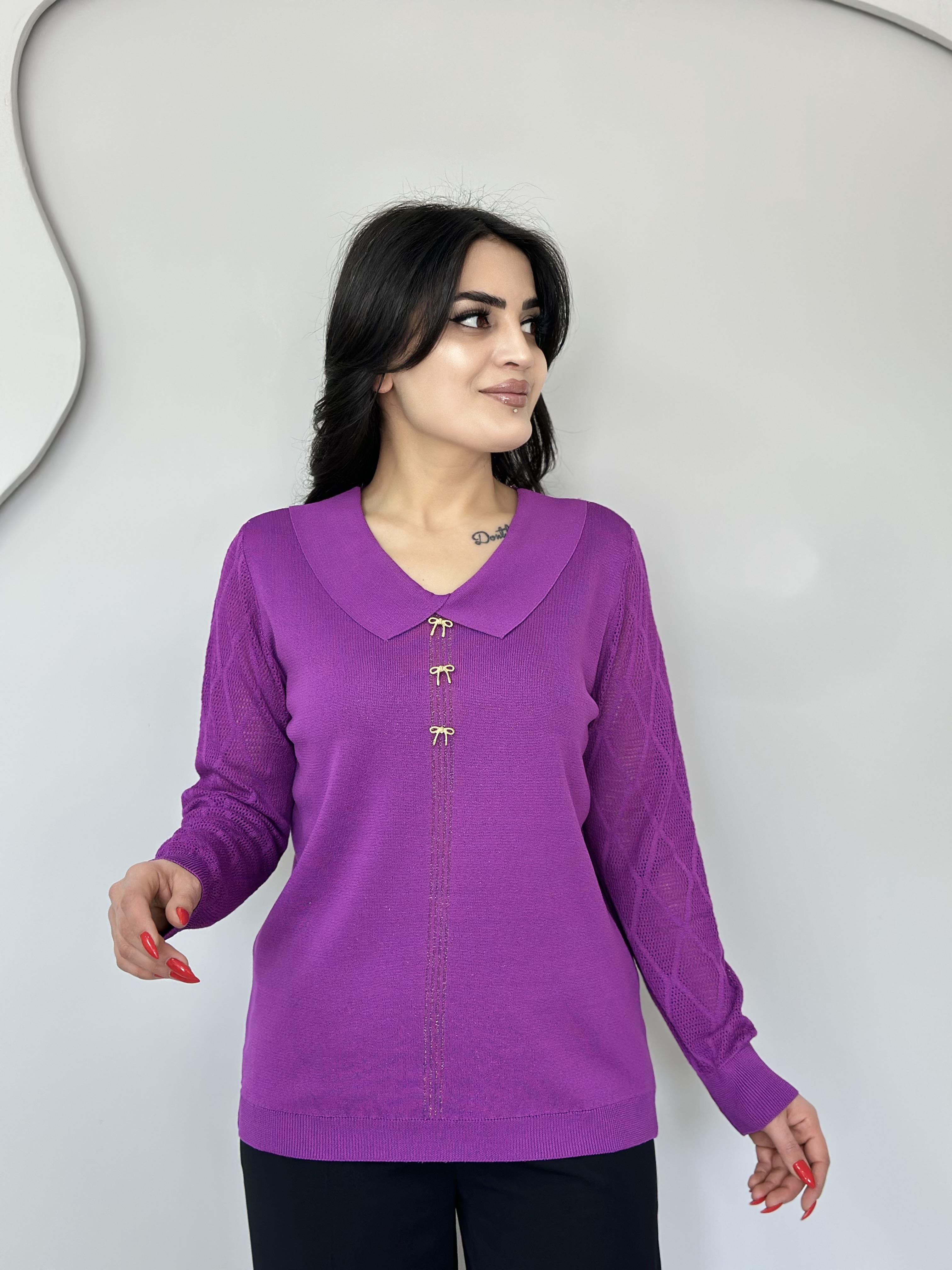 Mossy Mor Peter Pan Yaka Fiyonk Kol Örgü Detay Triko Bluz A646