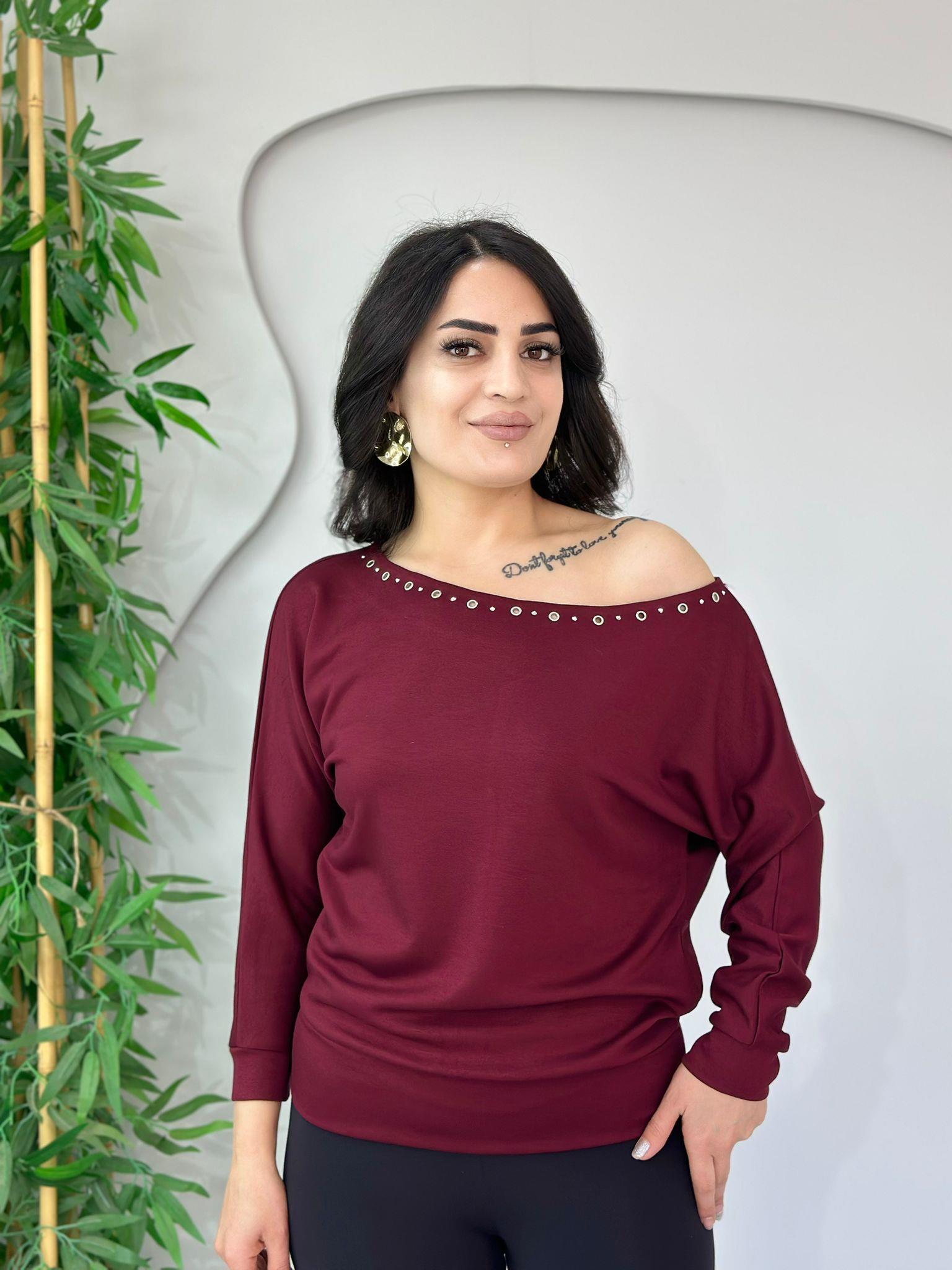 Nova Bordo Kayık Yaka Kuş Gözü Detaylı Yarasa Kol Bluz A4141