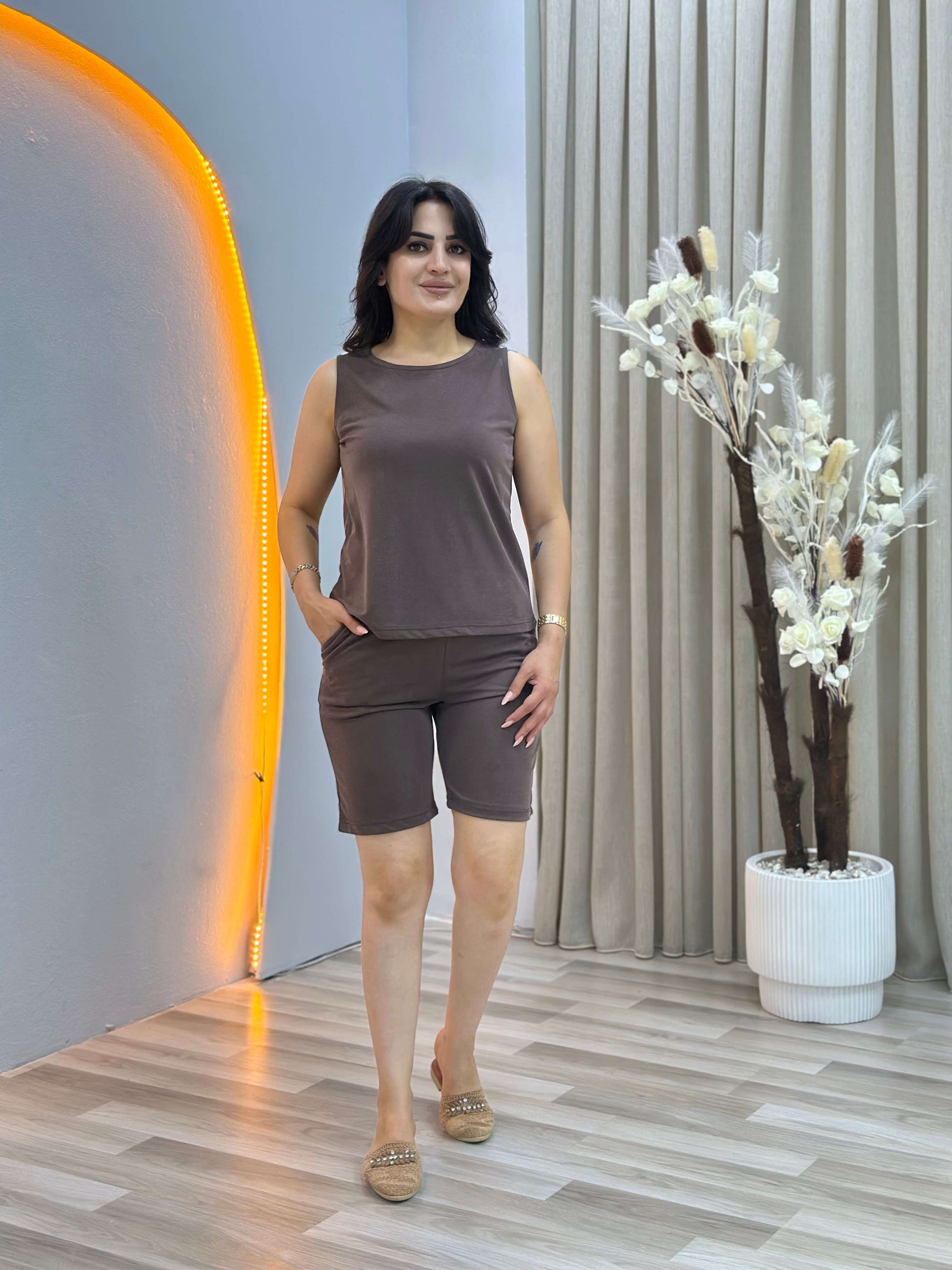 Nox Kahve Bisiklet Yaka Askılı Bluz  Beli Lastikli Şort Rahat Kalıp İkili Takım D155