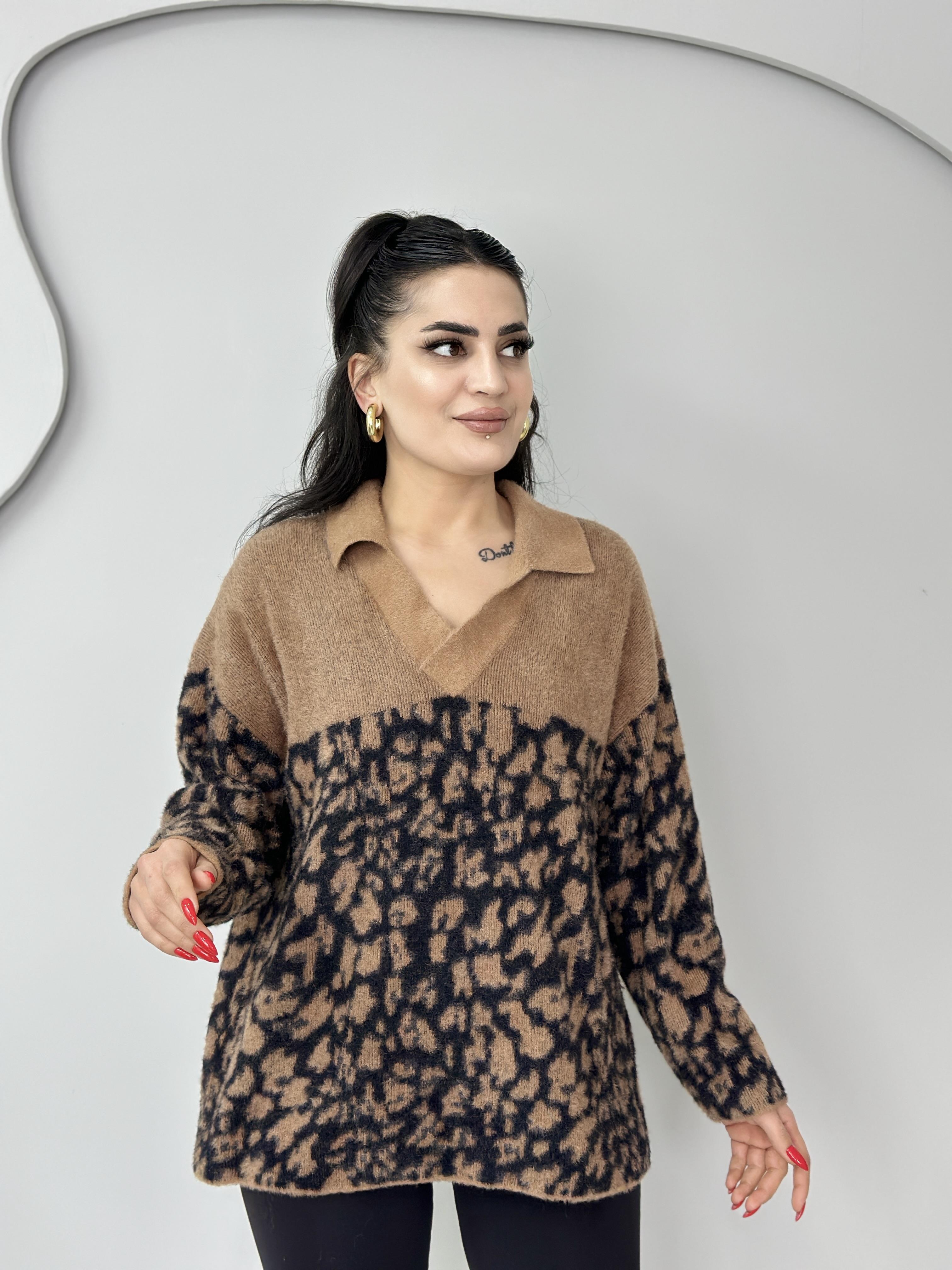 Nussy Camel Polo Yaka Leopar Desenli Oversize Triko Kazak M777