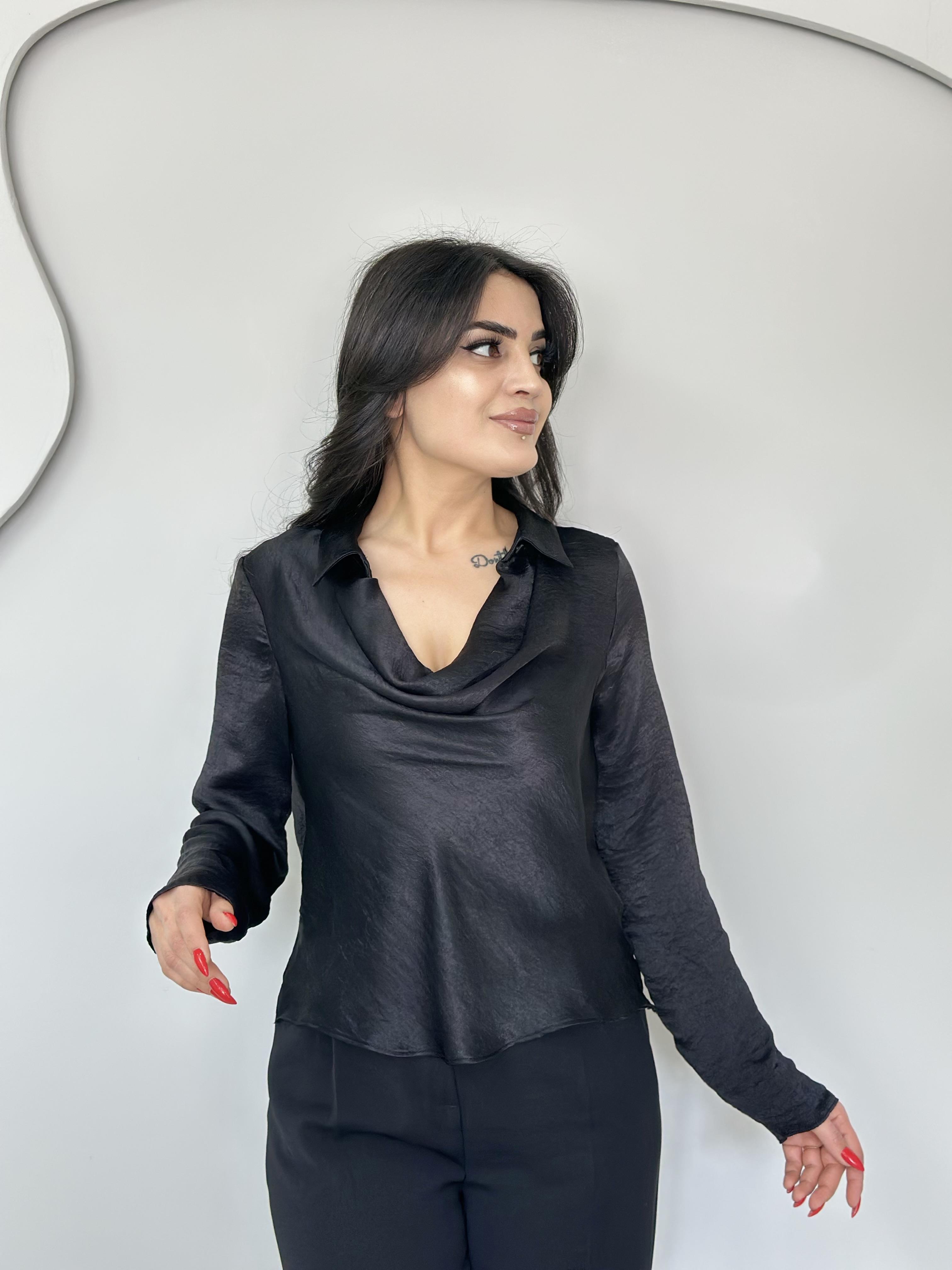 Nuvy Siyah Degaje Yakalı Saten Bluz D5656