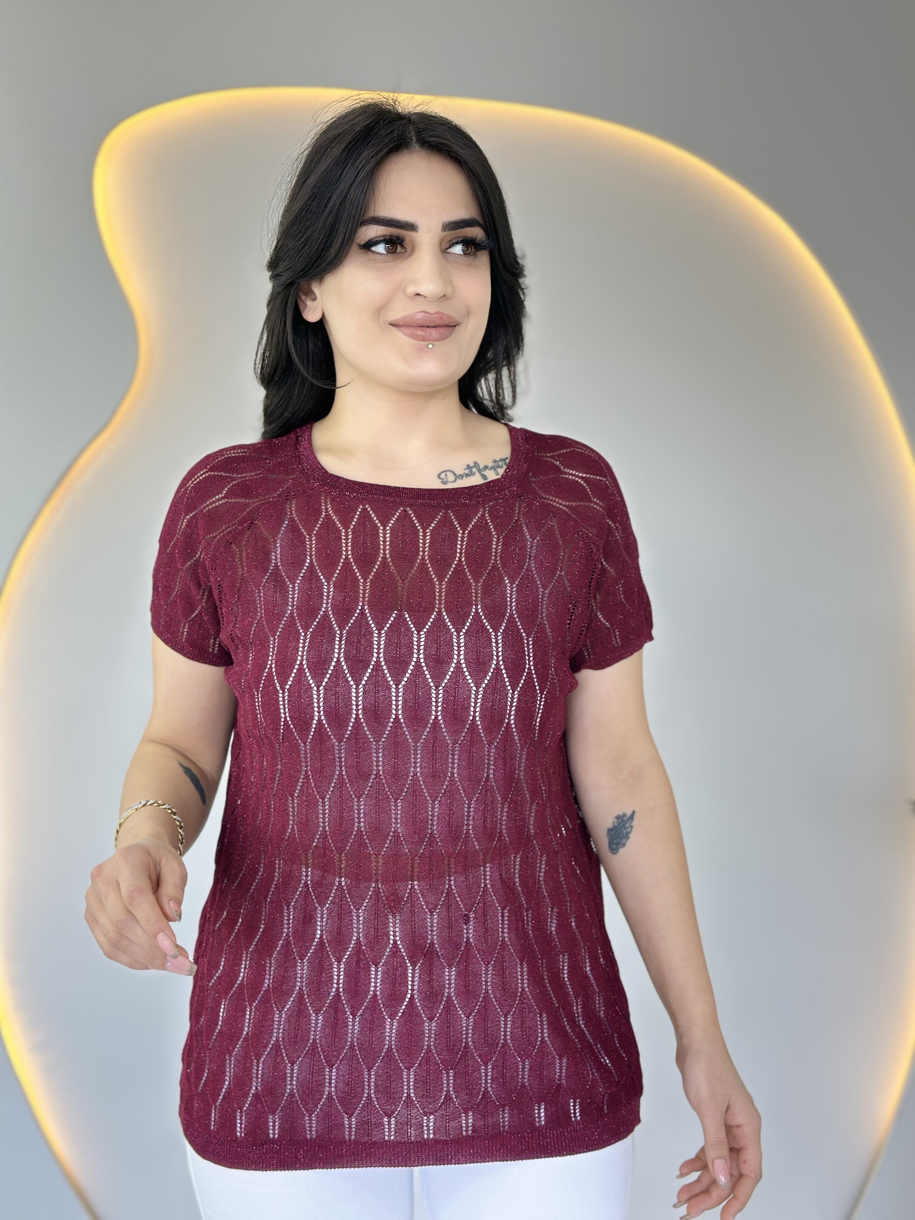 Olex Bordo Bisiklet Yaka Ajurlu Kısa Kollu Merserize Bluz D019