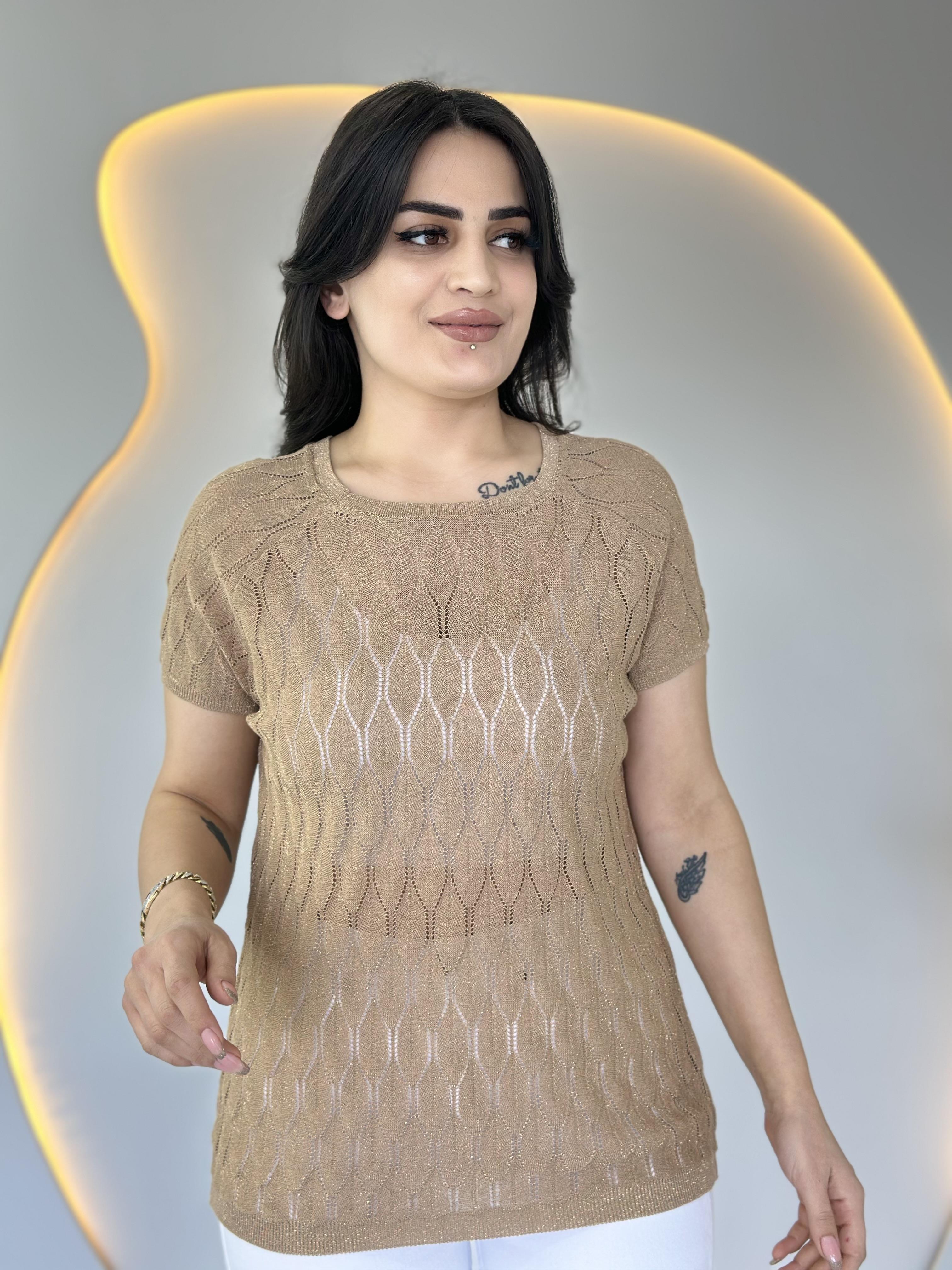 Olex Camel Bisiklet Yaka Ajurlu Kısa Kollu Merserize Bluz D019