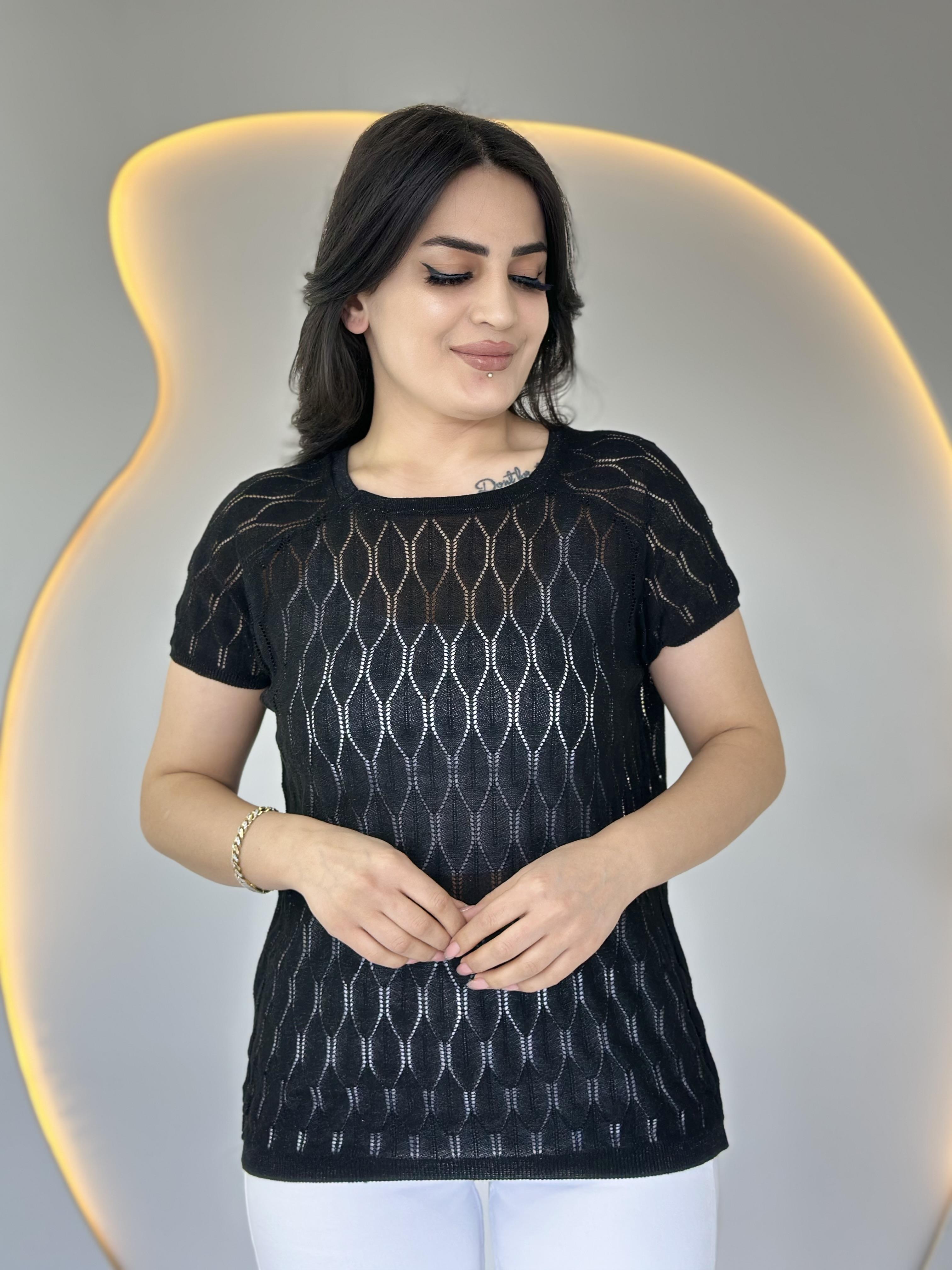 Olex Siyah Bisiklet Yaka Ajurlu Kısa Kollu Merserize Bluz D019