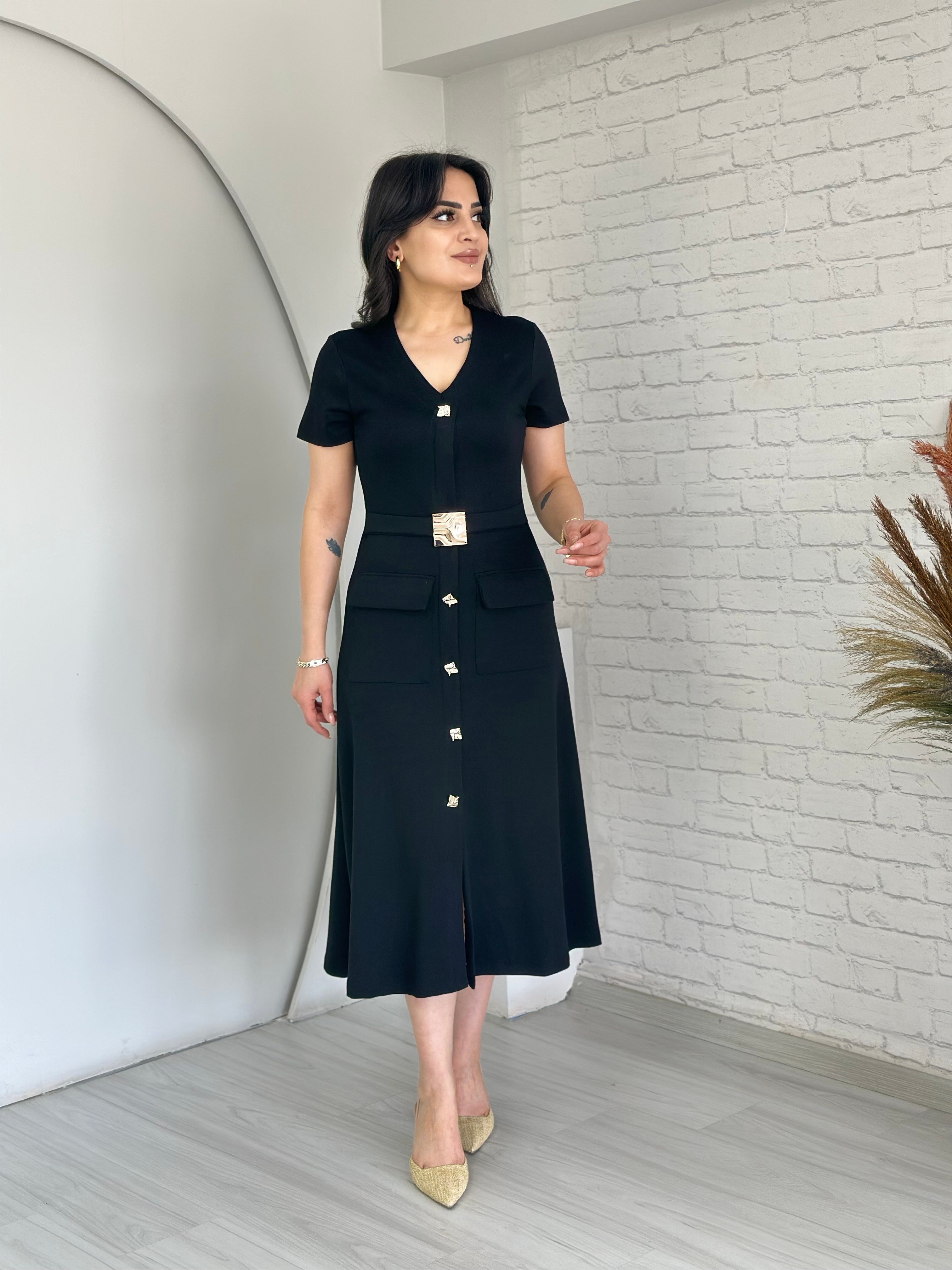 Parla Siyah Gold Düğmeli Kemerli Elbise D074