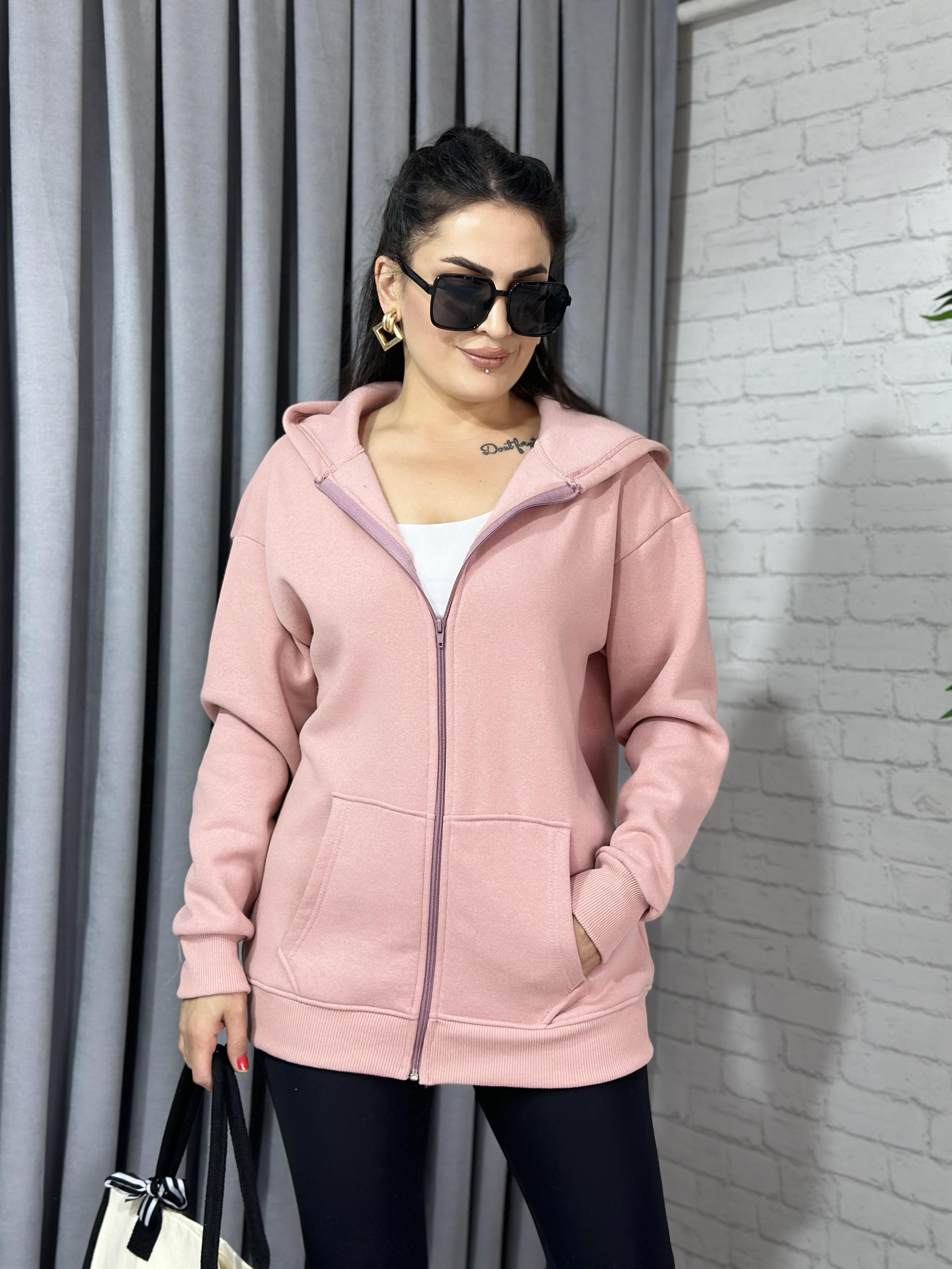Pembe Oversize Üç İplik Fermuarlı Kapşonlu Sweatshirt
