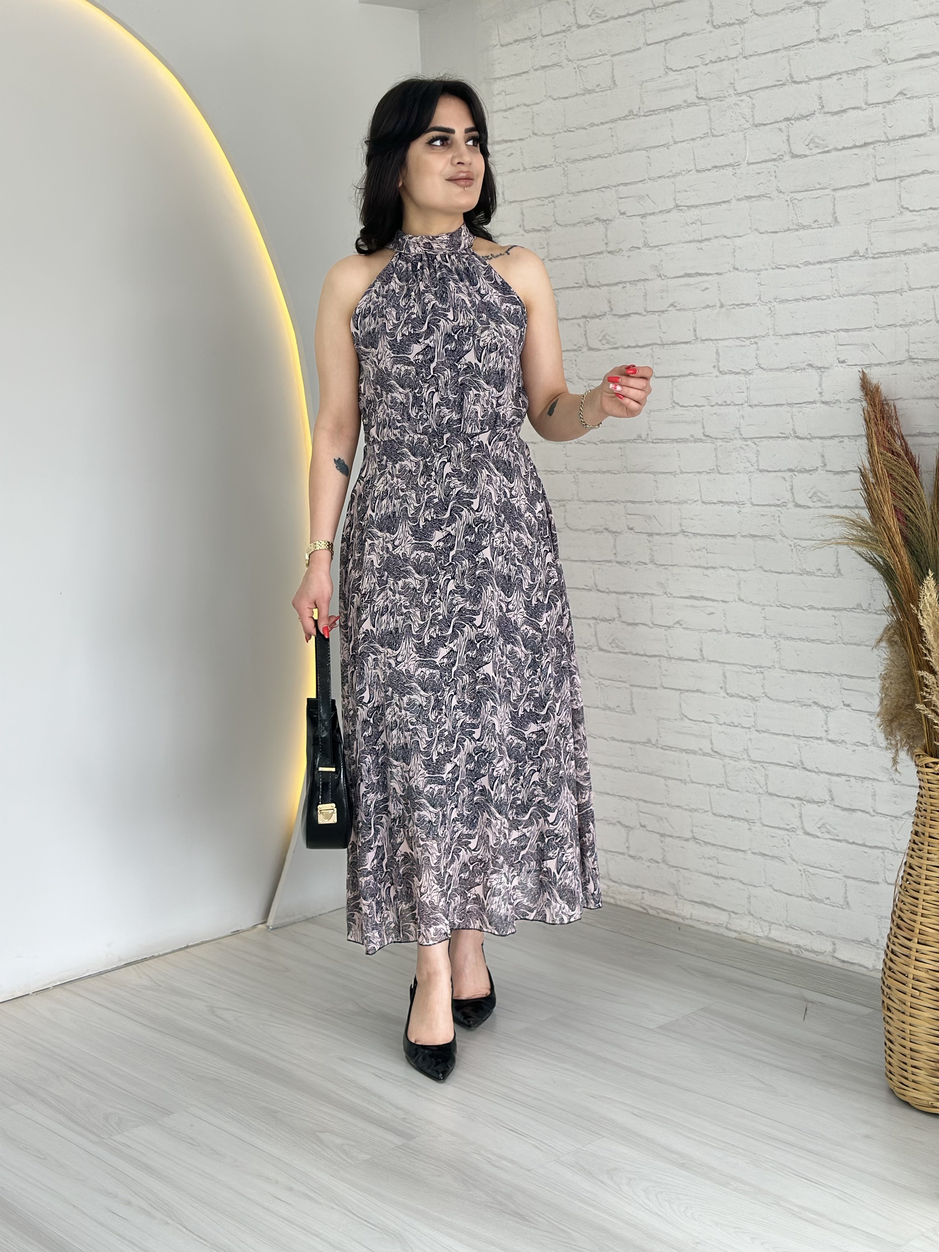 Pepe Pudra Halter Yaka Şifon Astarlı Elbise D094