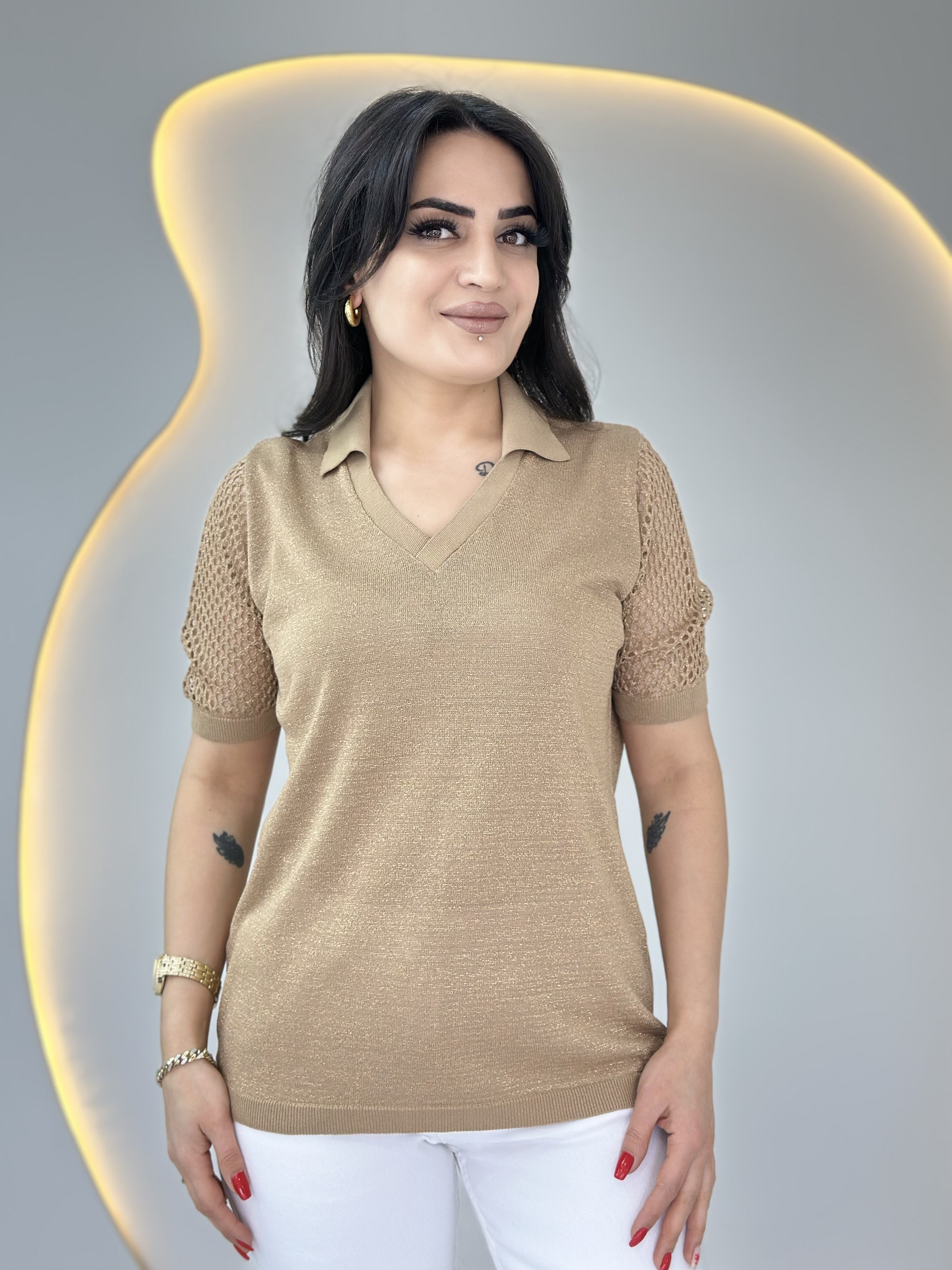 Pera Camel Polo Yaka Ajurlu Çelik Merserize Bluz D089