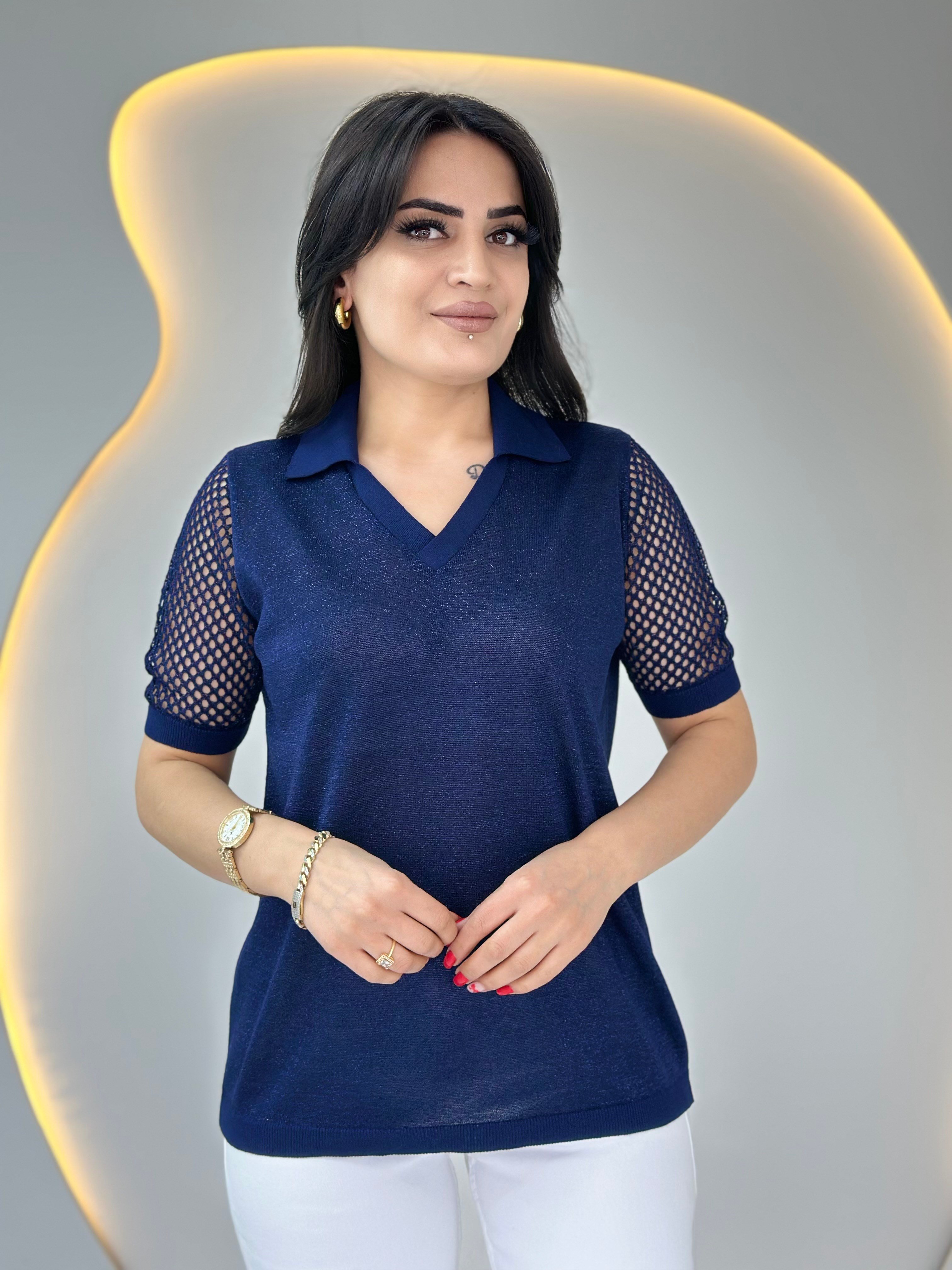 Pera Lacivert Polo Yaka Ajurlu Çelik Merserize Bluz D089