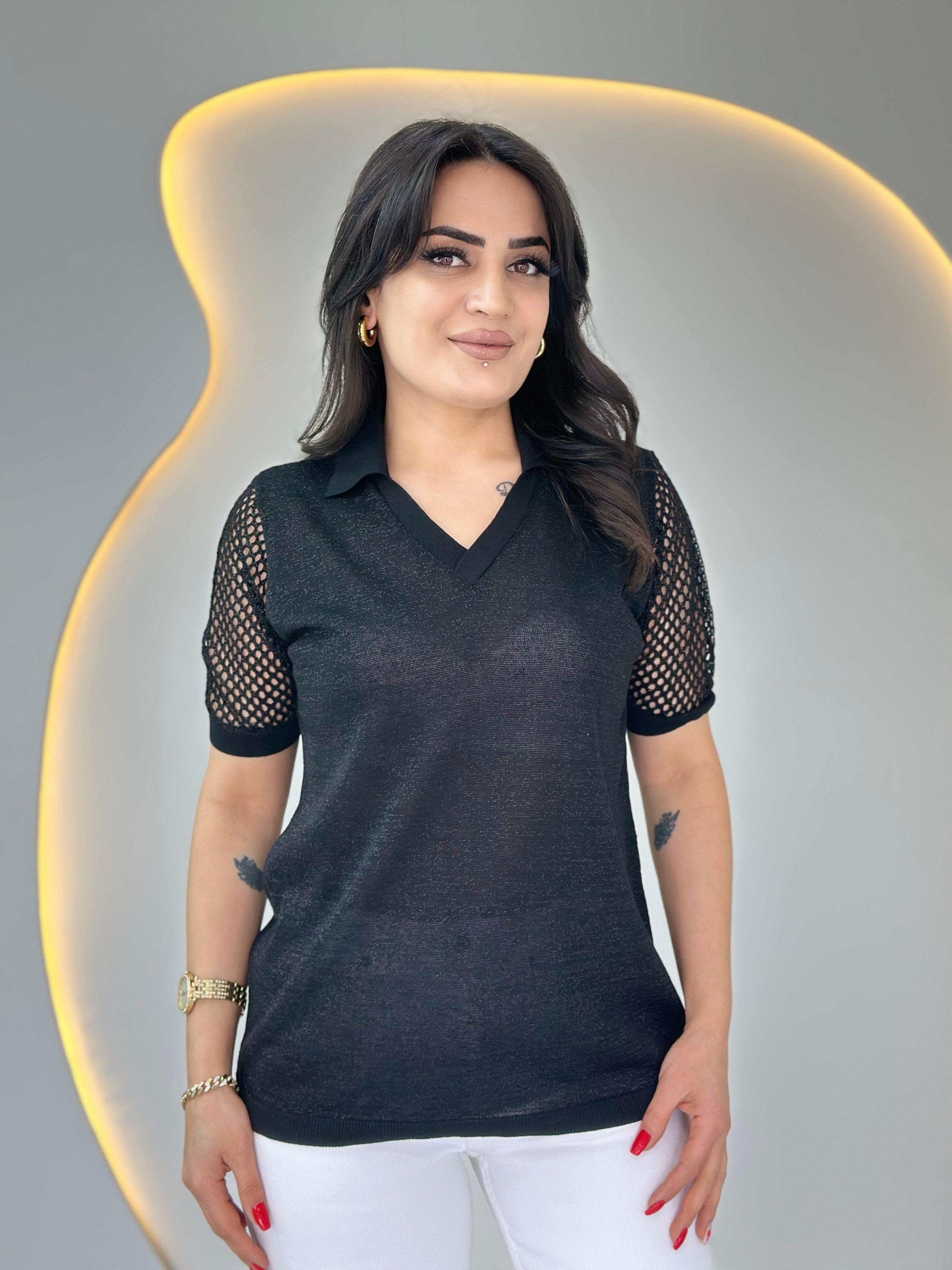 Pera Siyah Polo Yaka Ajurlu Çelik Merserize Bluz D089