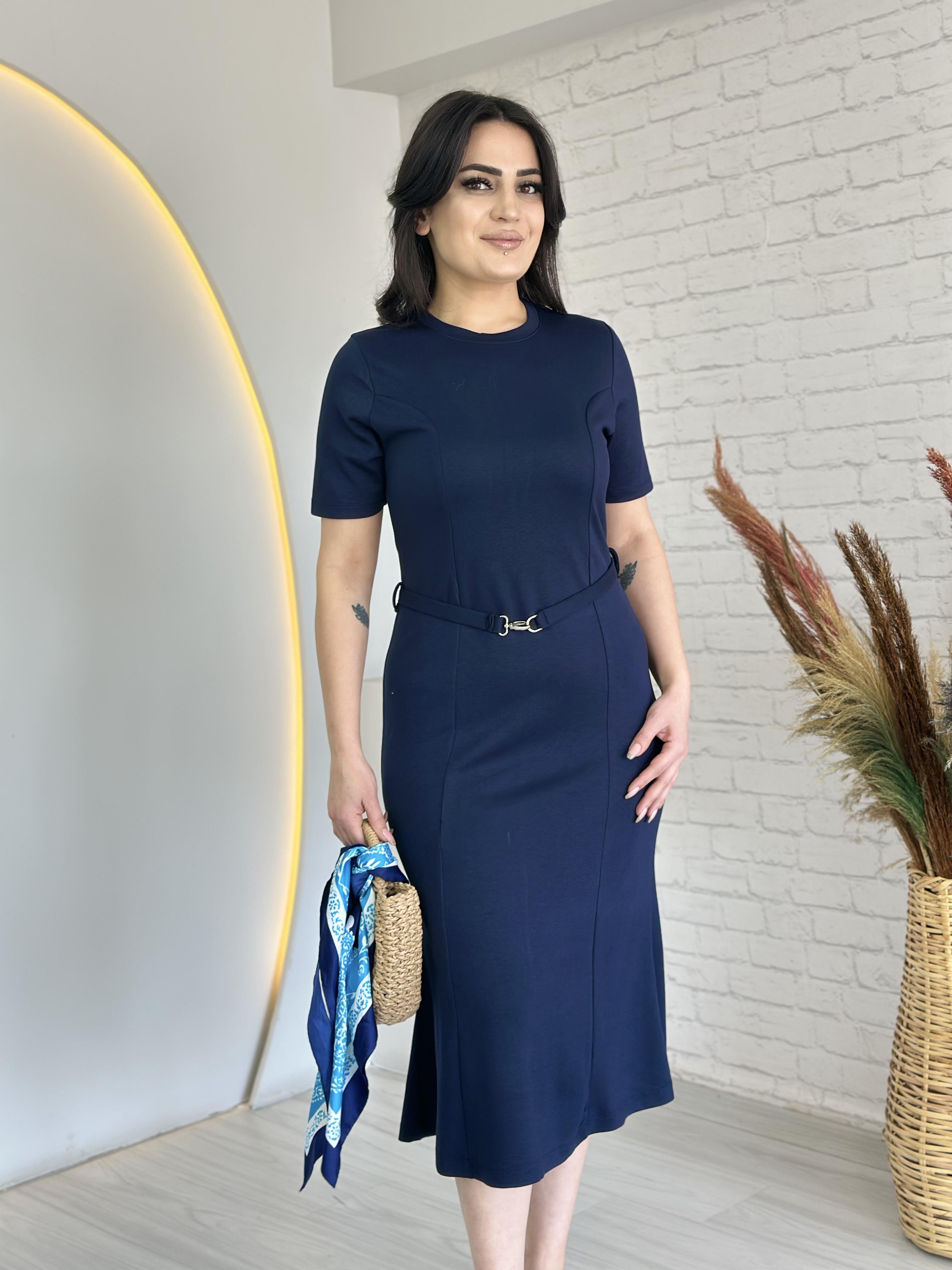 Perry Lacivert Kısa Kol Kemerli Midi Boy Elbise D041