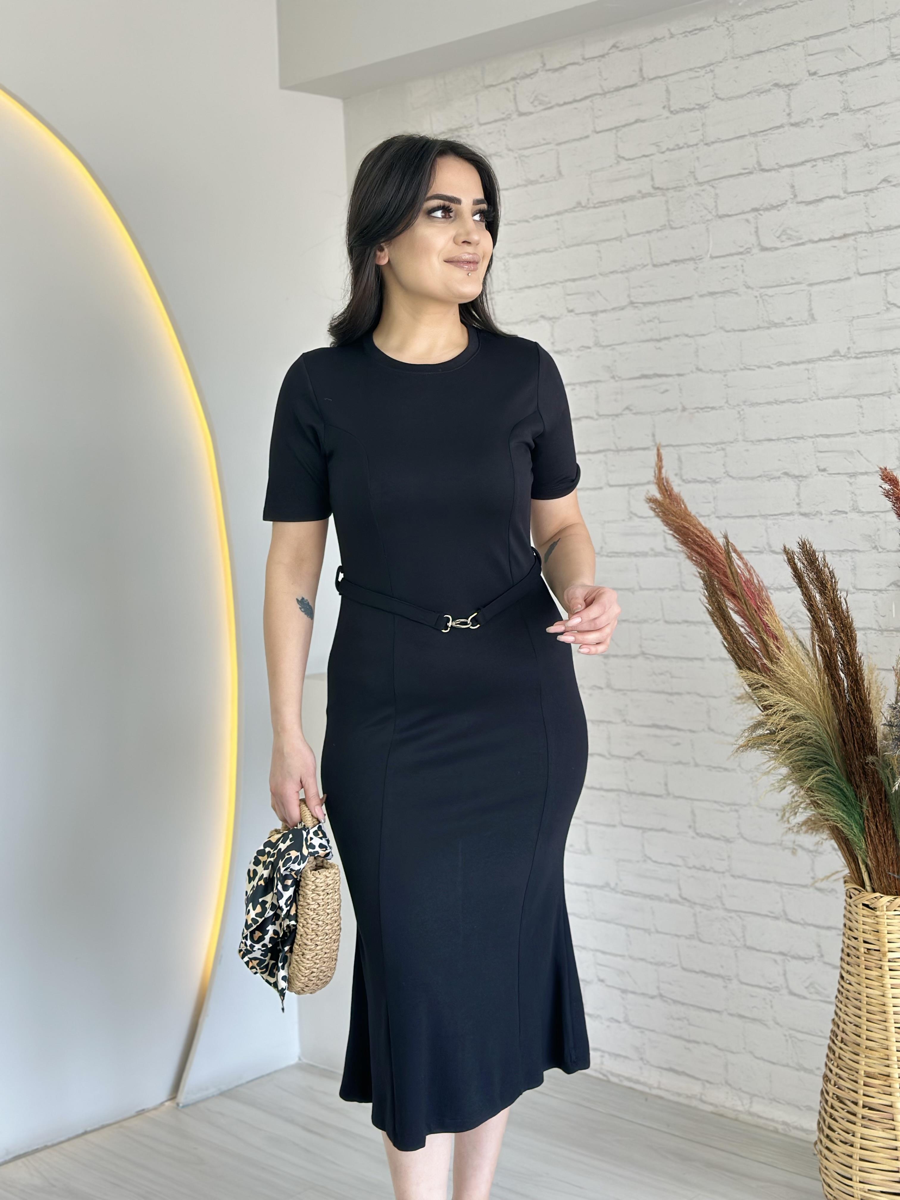 Perry Siyah Kısa Kol Kemerli Midi Boy Elbise D041