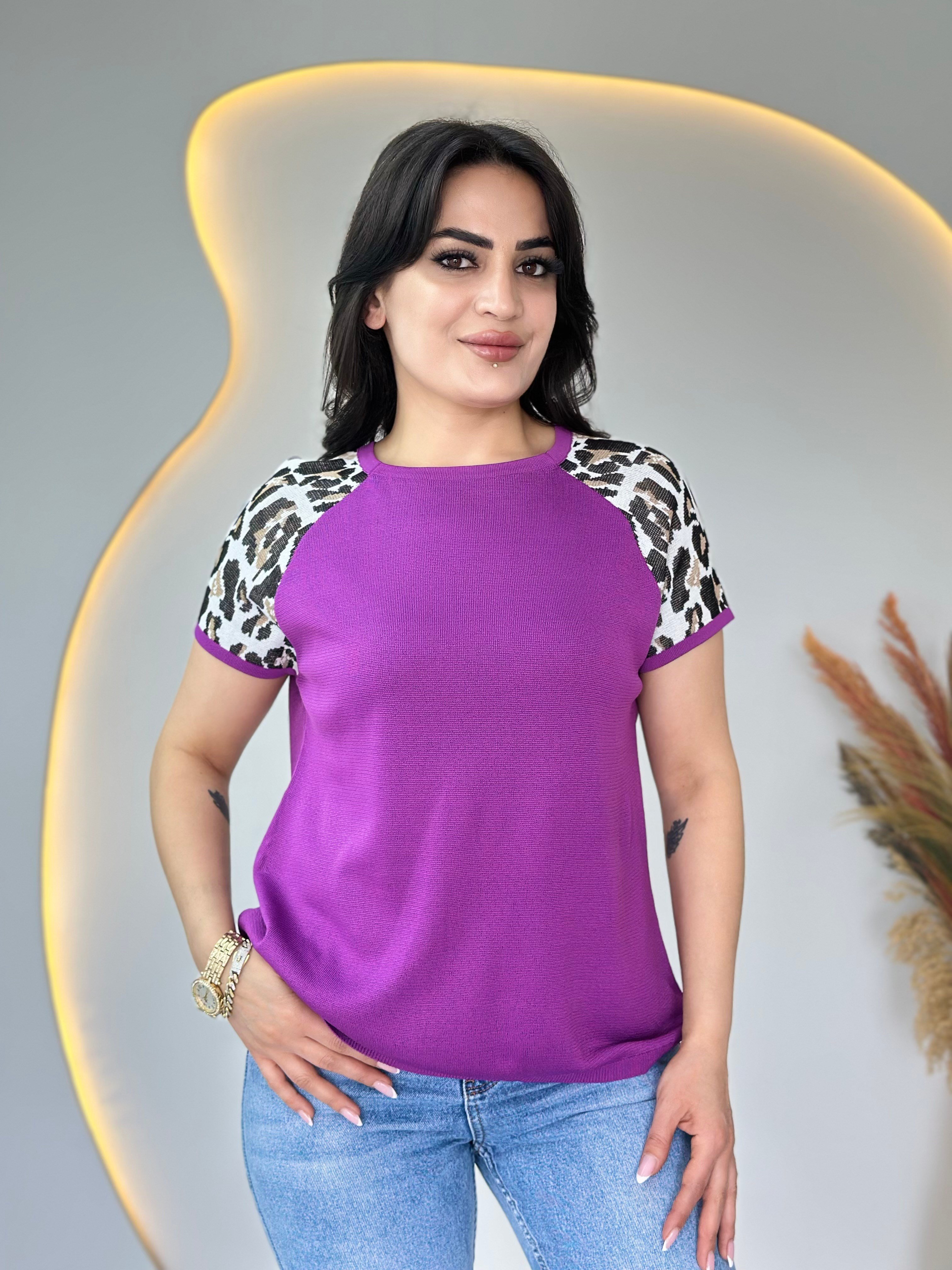 Pita Mor Bisiklet Yaka Leopar Garnili Merserize Triko Bluz D107