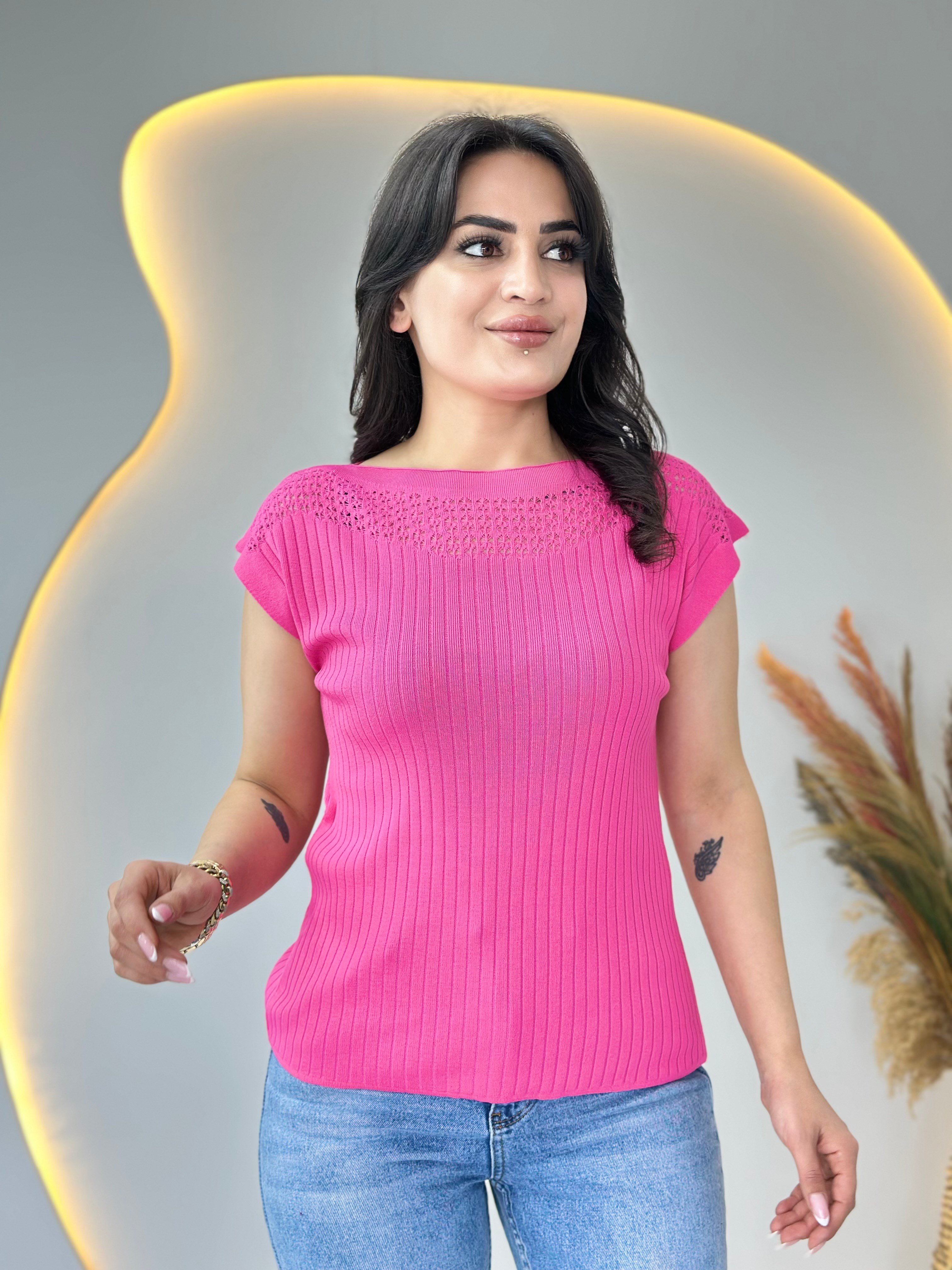 Pote Pembe Yaka Ajurlu Mevsimlik Triko Bluz D111