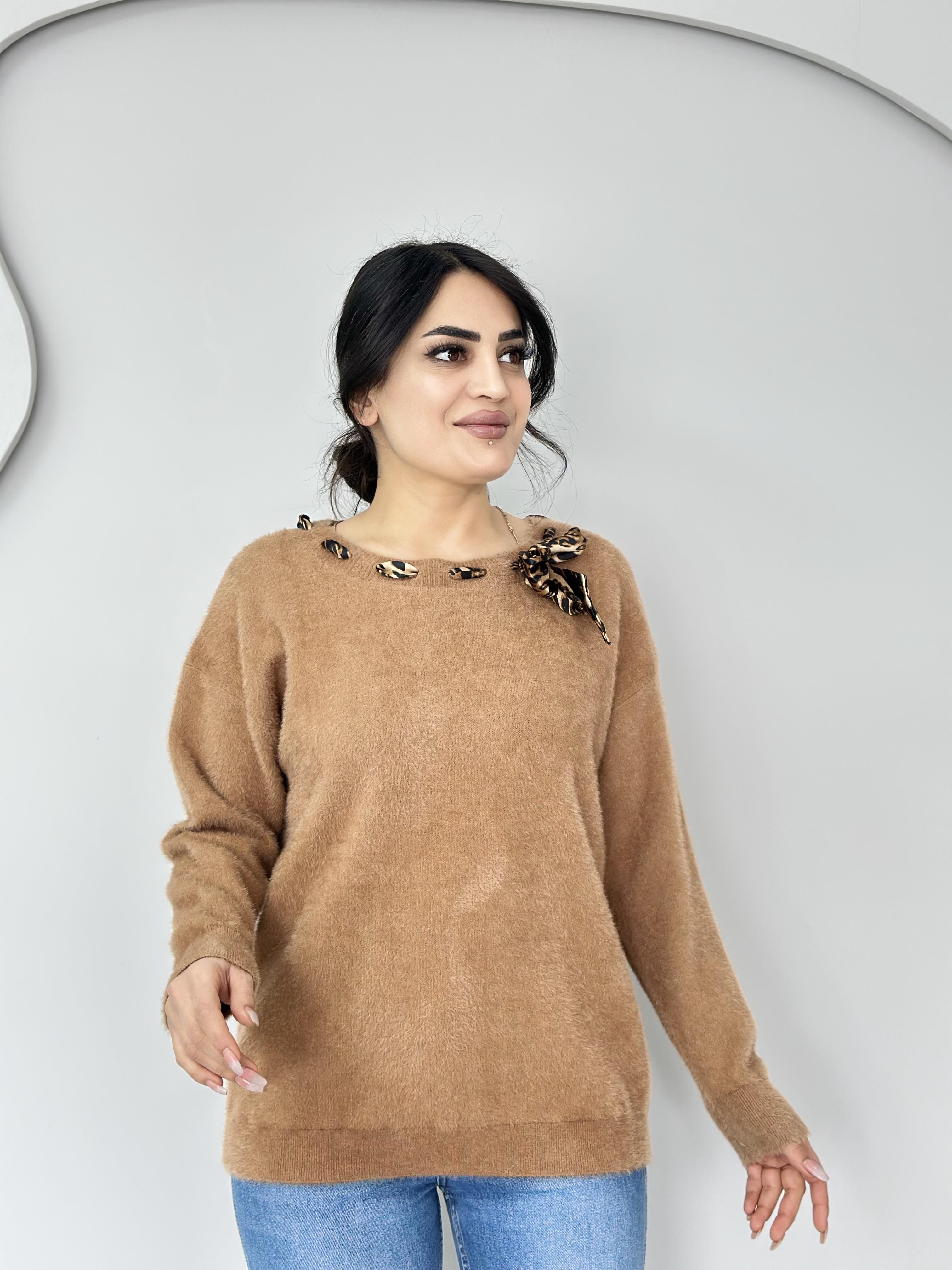 Puffy Camel Fular Detaylı Sakallı Triko Bluz A4056
