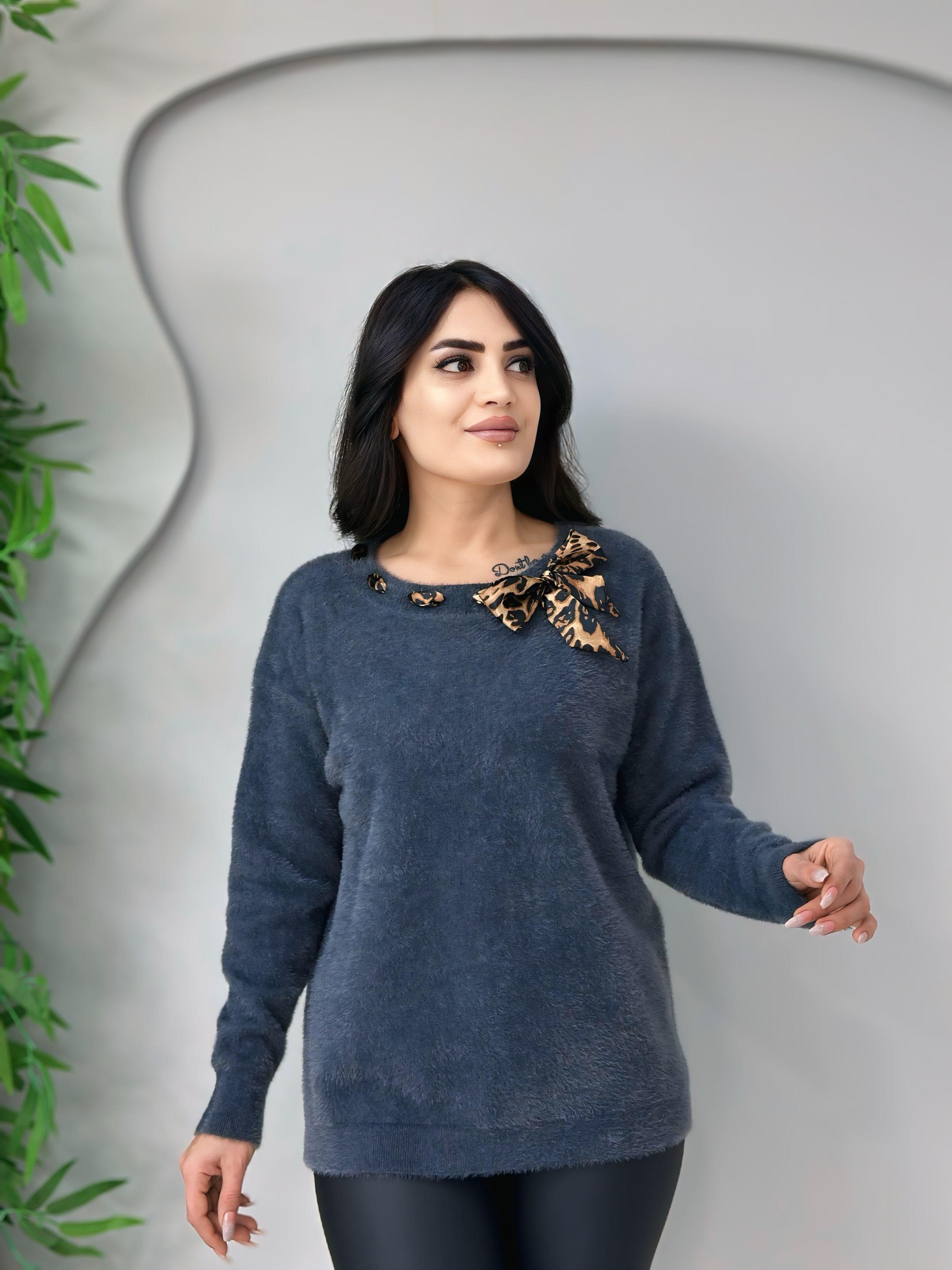 Puffy Füme Fular Detaylı Sakallı Triko Bluz A4055