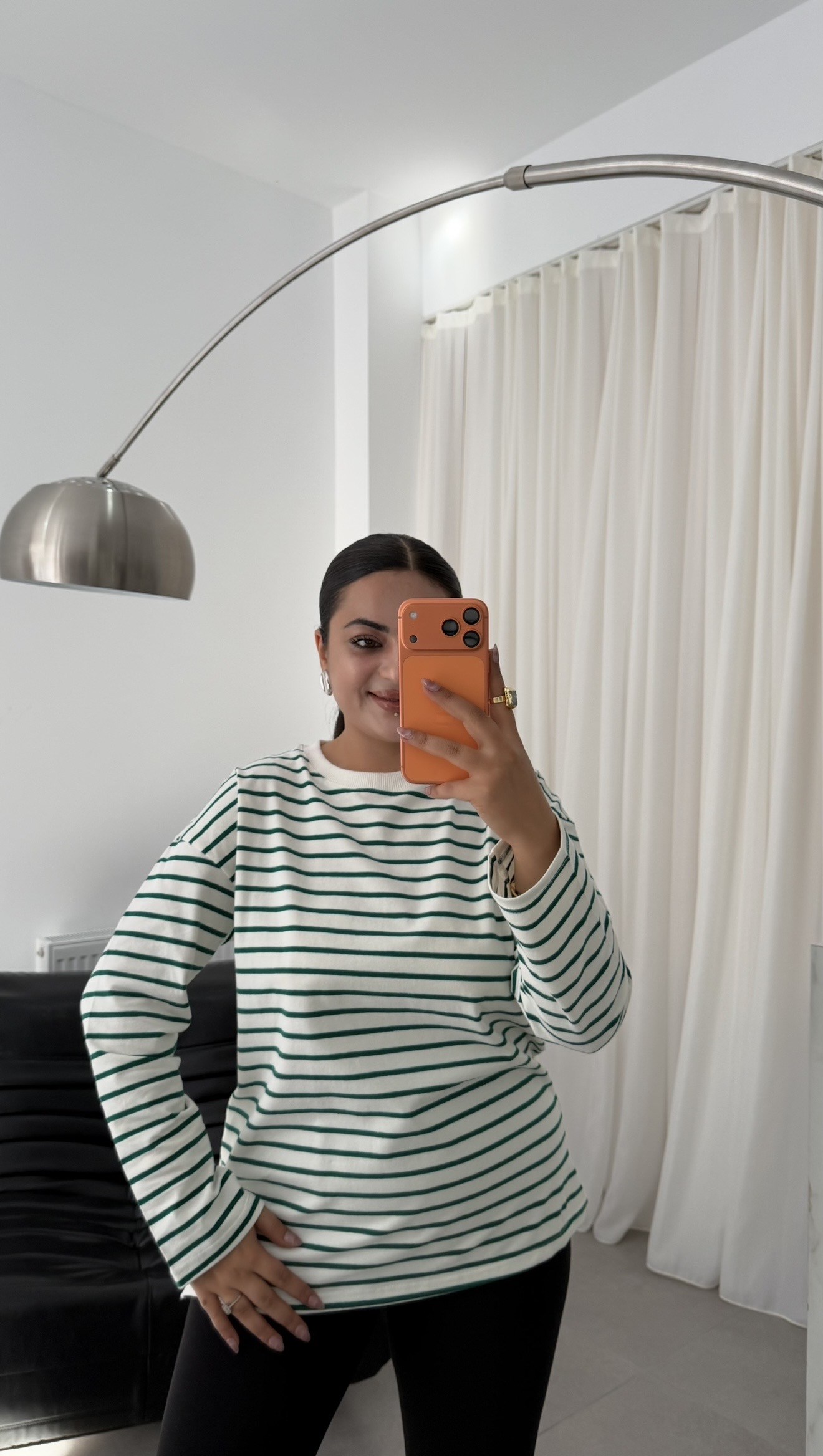Refle Bisiklet Yaka Ekru Çizgili Basic Modal Oversize Sweatshirt Yeşil