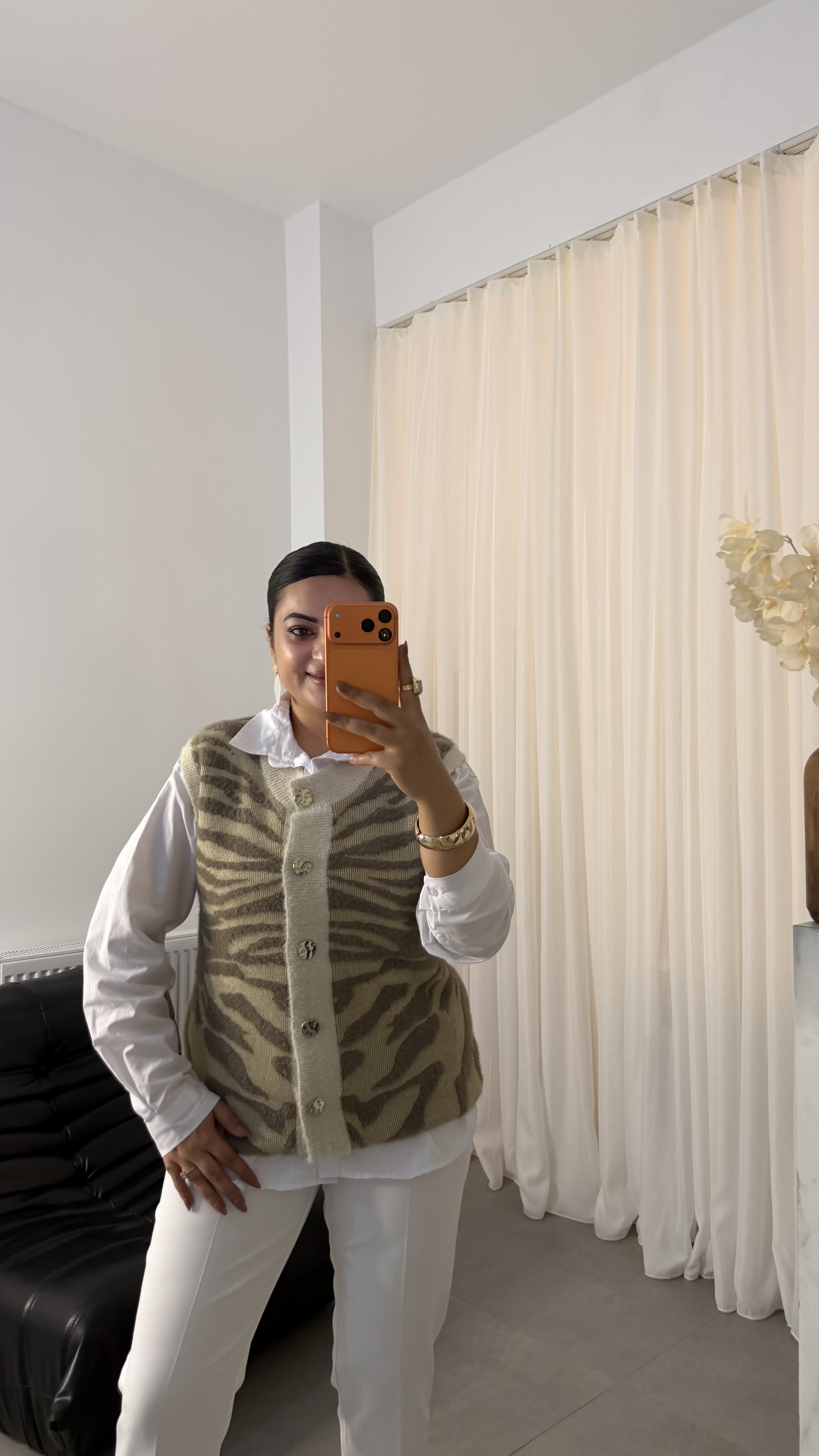 Rela Angora Sakal Desenli Düğmeli Örme Yelek Bej 