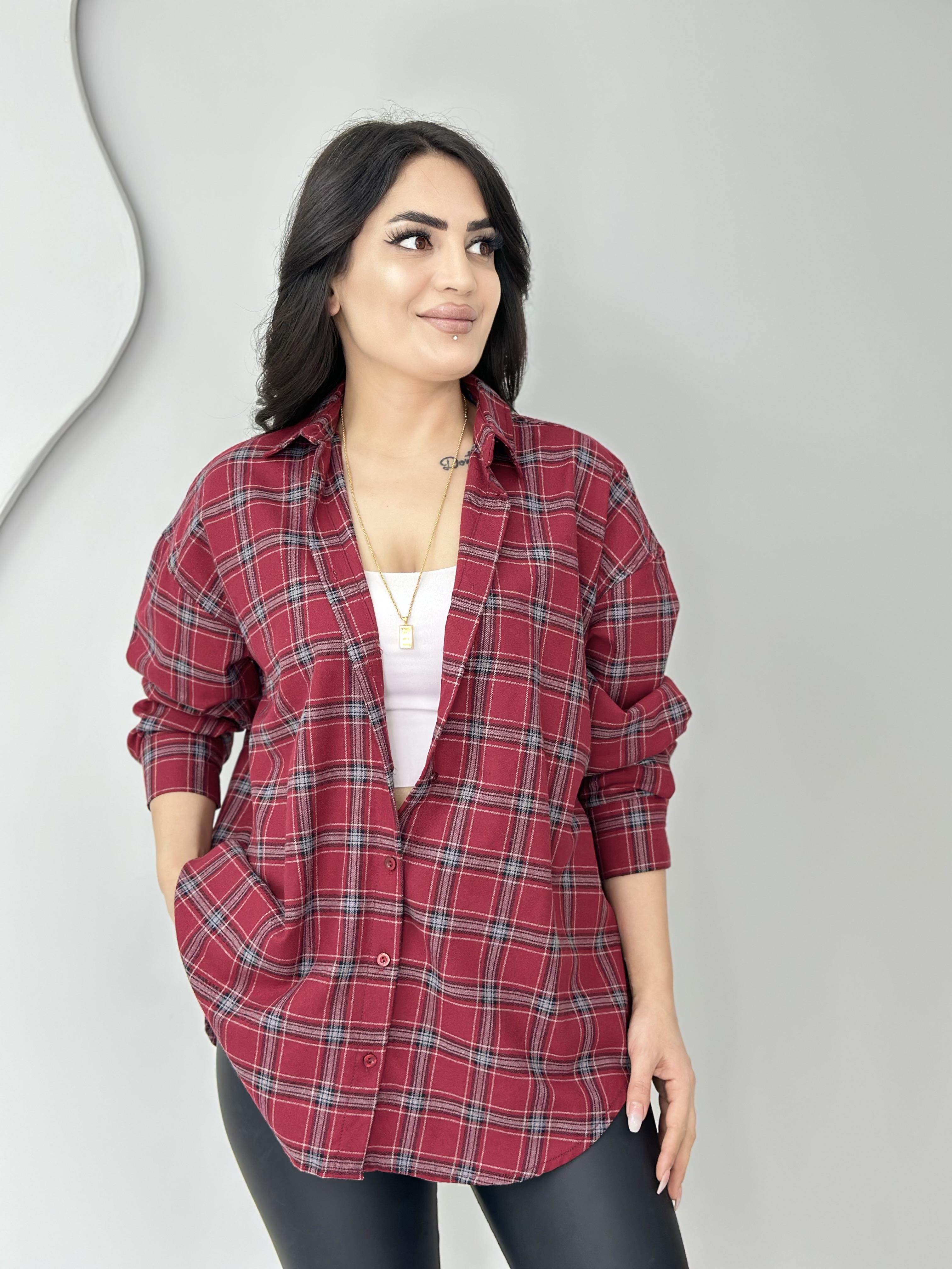 Rina Kırmızı Ekose Desenli Düğmeli Oversize Gömlek C0000