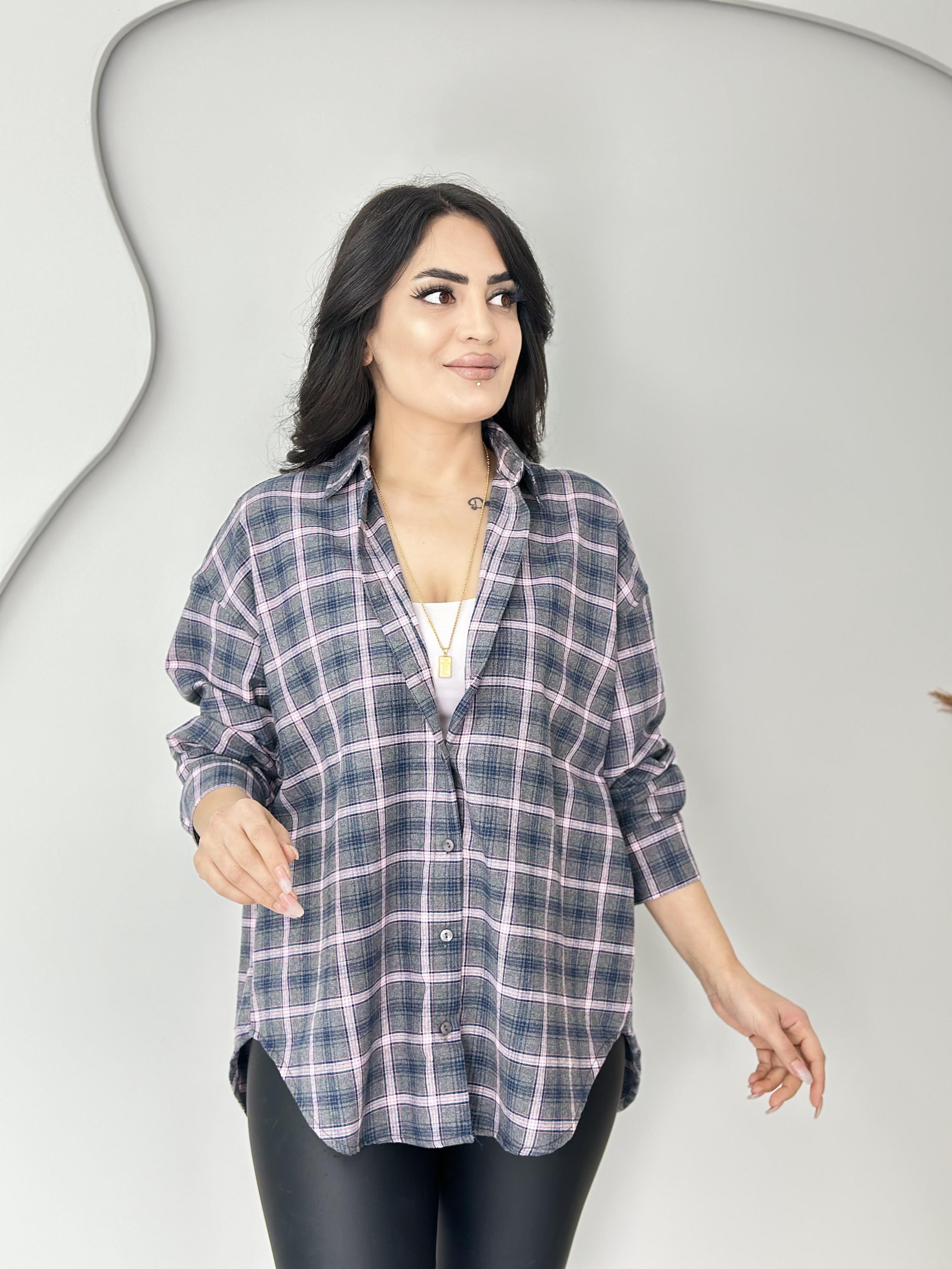 Rina Pembe Gri Ekose Desenli Düğmeli Oversize Gömlek C0000