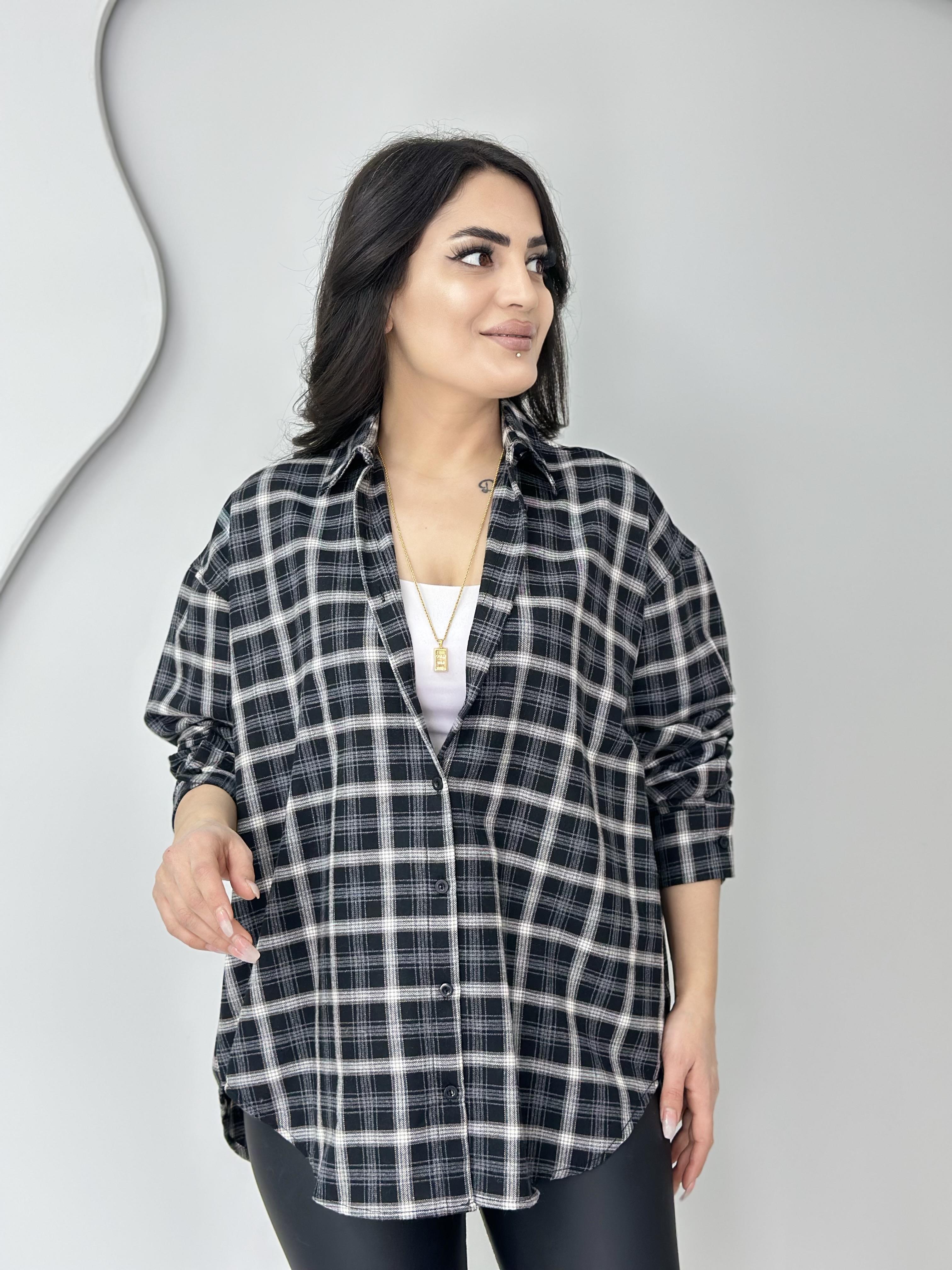 Rina Siyah Füme Ekose Desenli Düğmeli Oversize Gömlek C0000