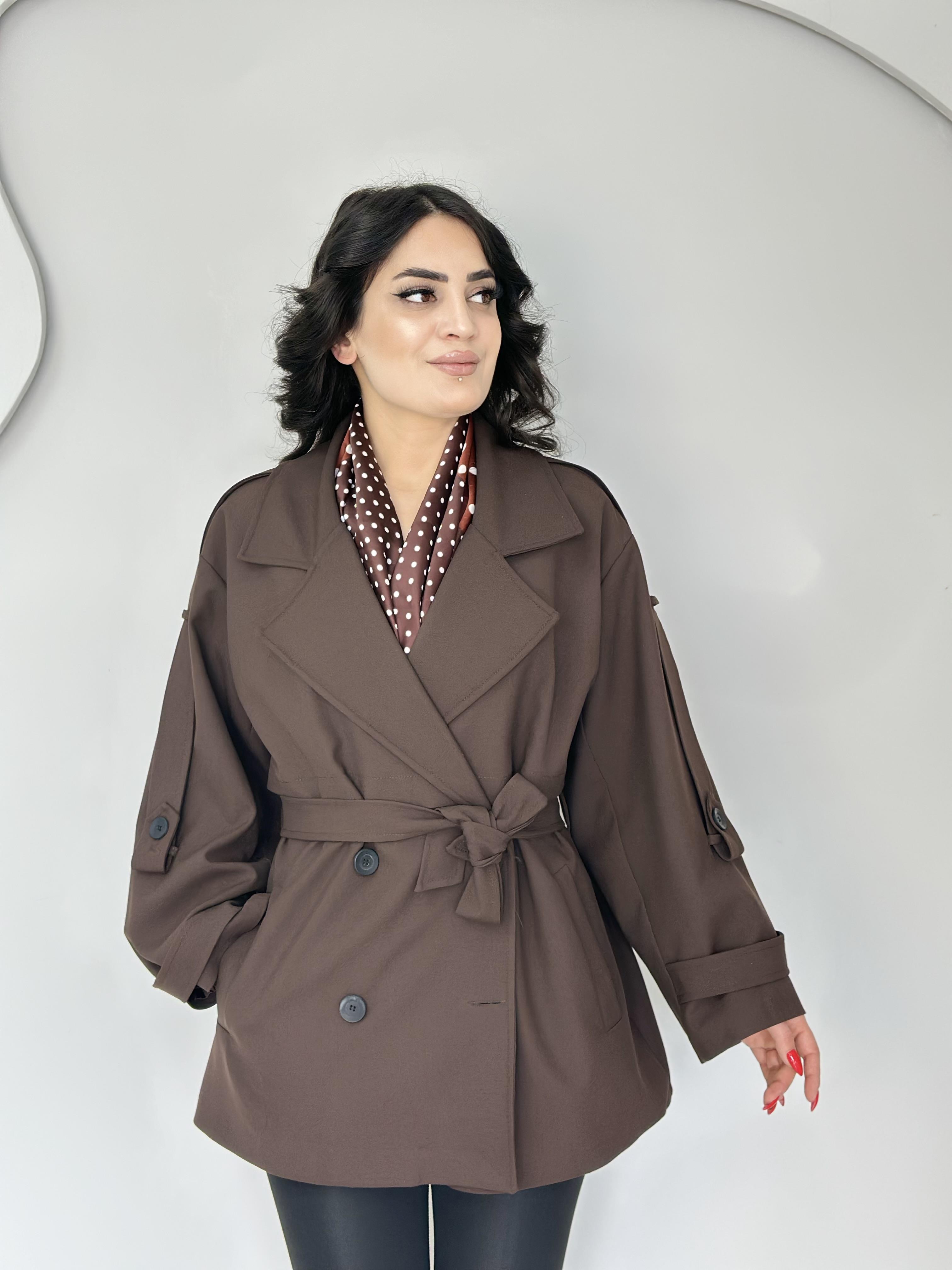 Riny Acı Kahve Düğmeli Kuşaklı Astarlı Poliviskon Kumaş Trenchcoat 2393