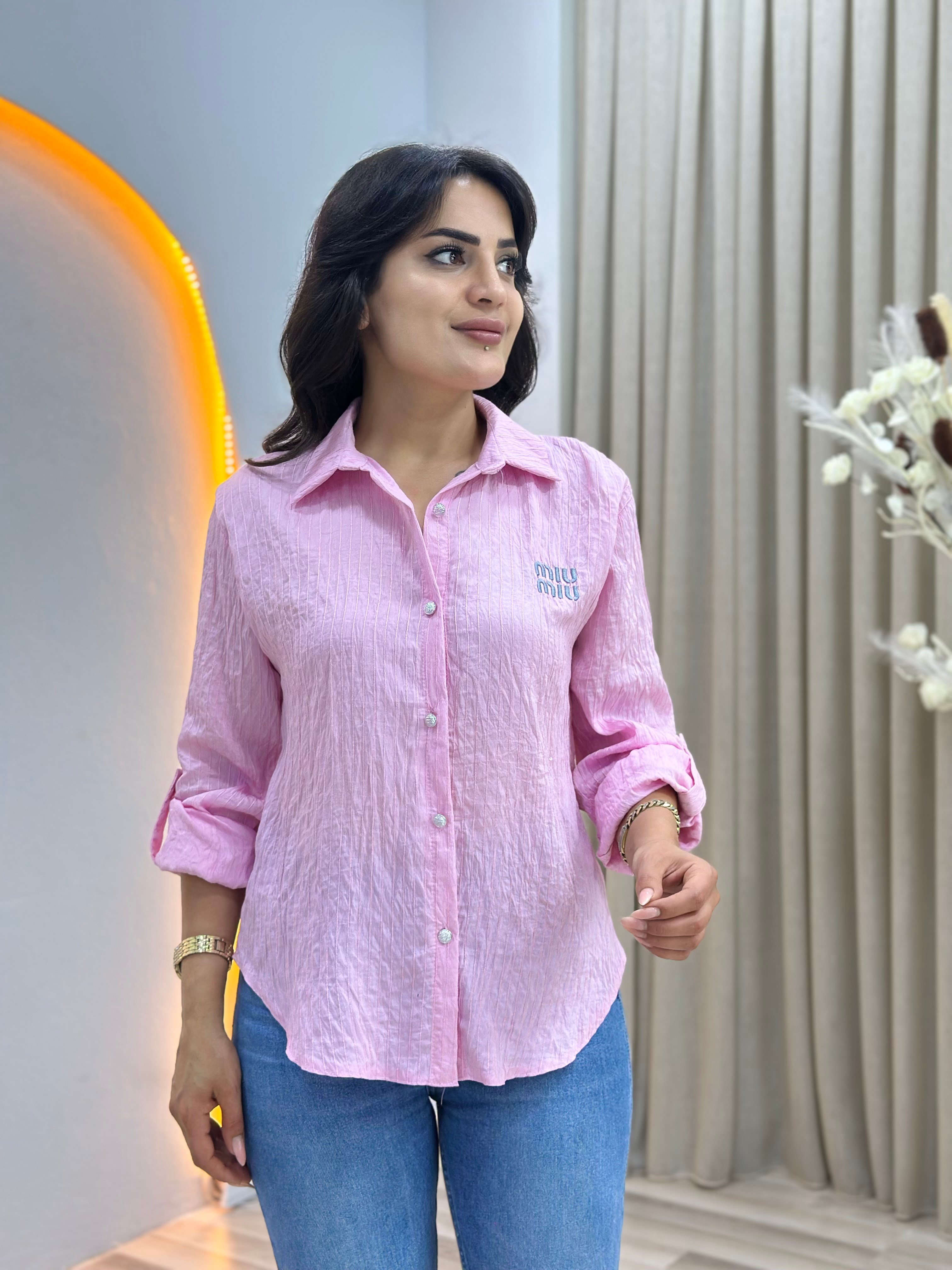 Rio Pembe Nakış Düğme Detaylı Oversize Gömlek D169