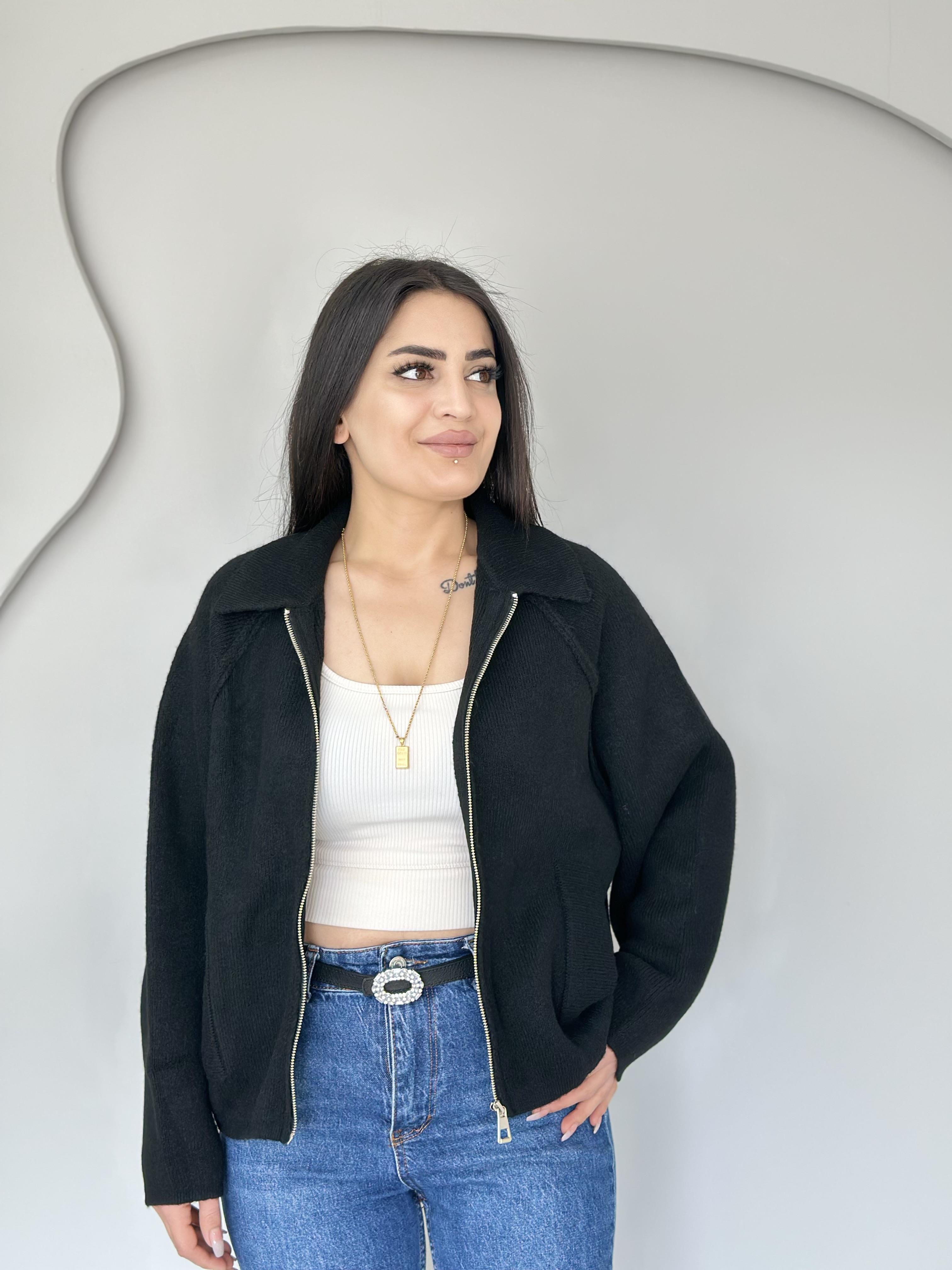 Royal Siyah Polo Yaka Fermuarlı Çelik Triko Hırka C7777