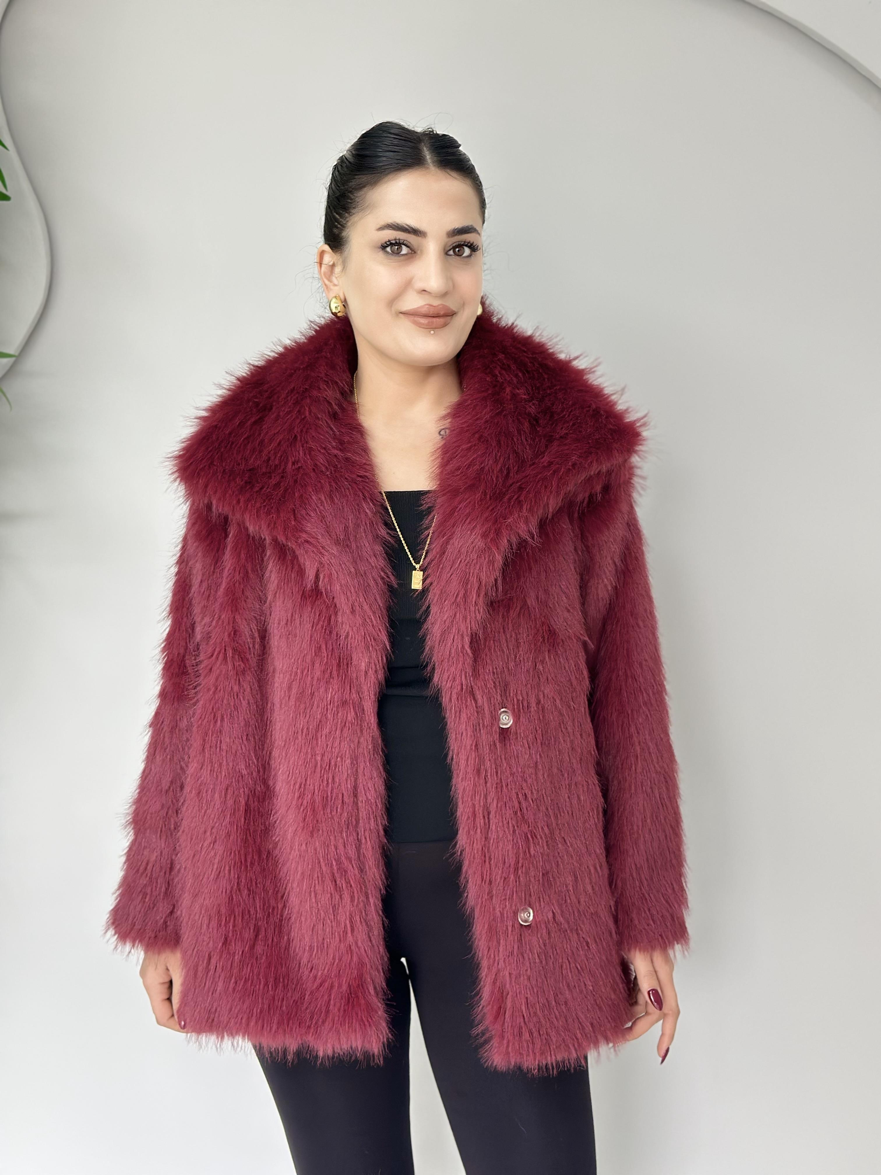 Ruby Bordo Çıtçıt Astarlı Kürk Kaban A705