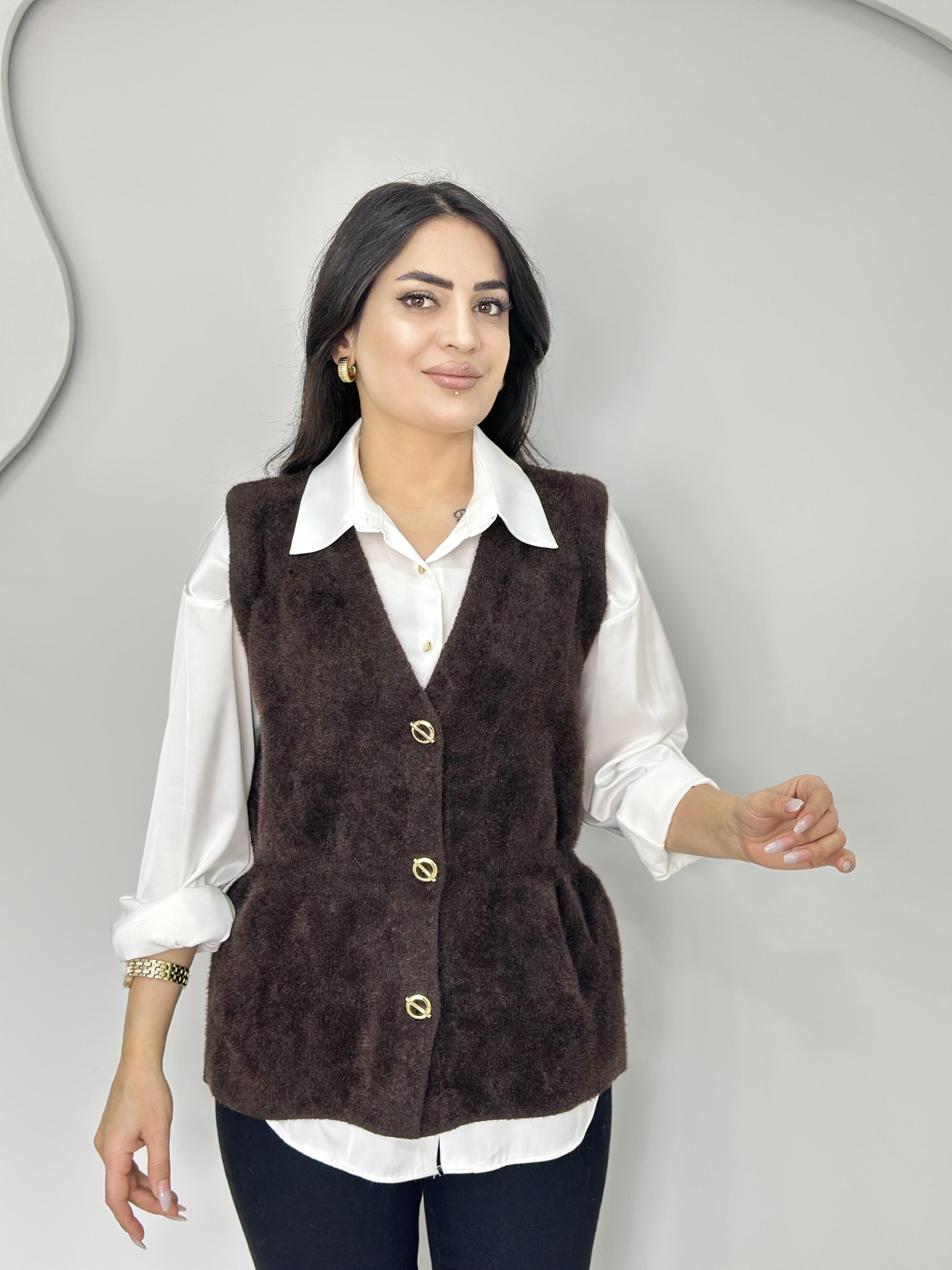 Sade Acı Kahve Peluş Gold Düğmeli Büzgüllü Yelek A031