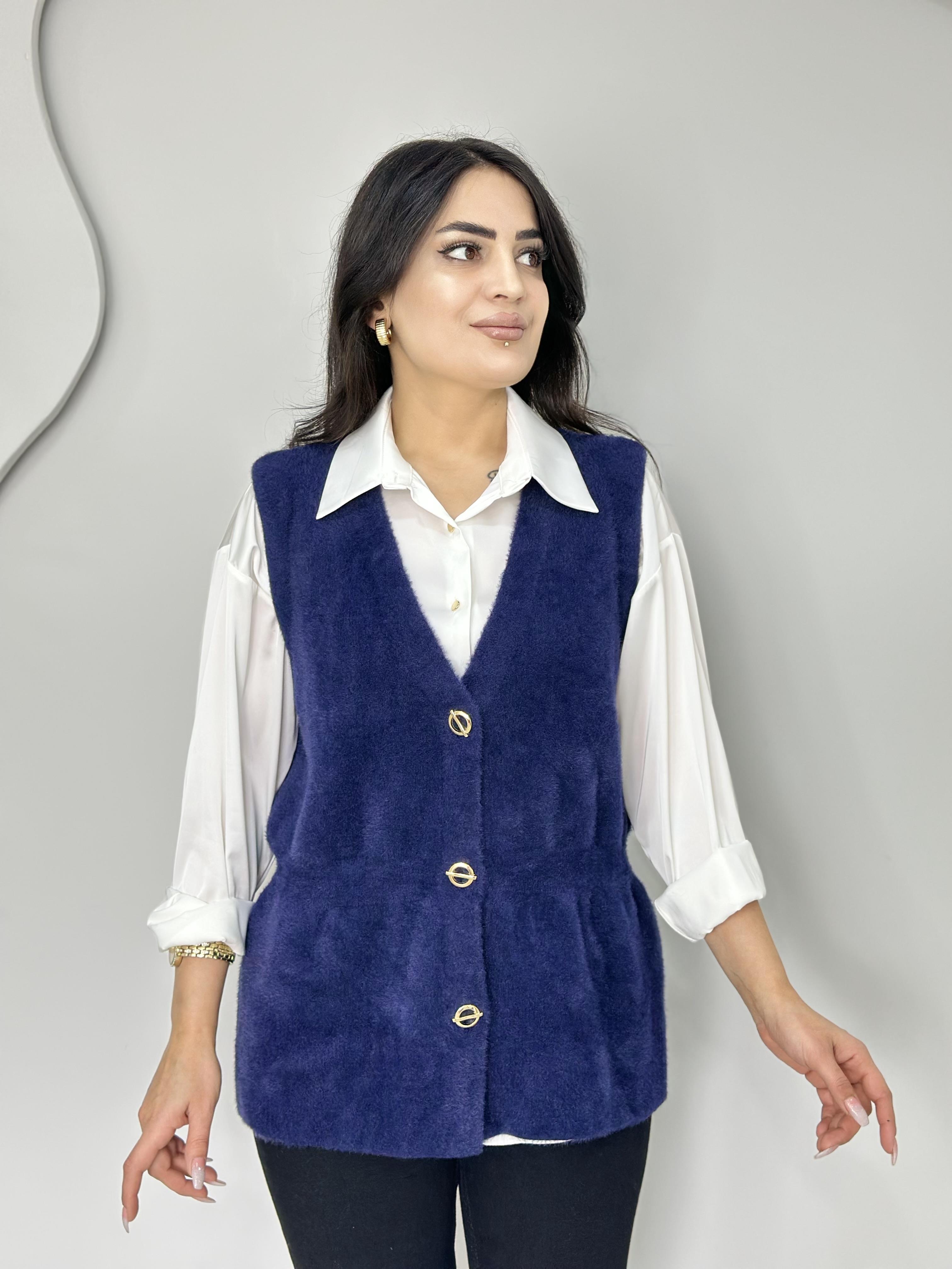 Sade Lacivert Peluş Gold Düğmeli Büzgüllü Yelek A031