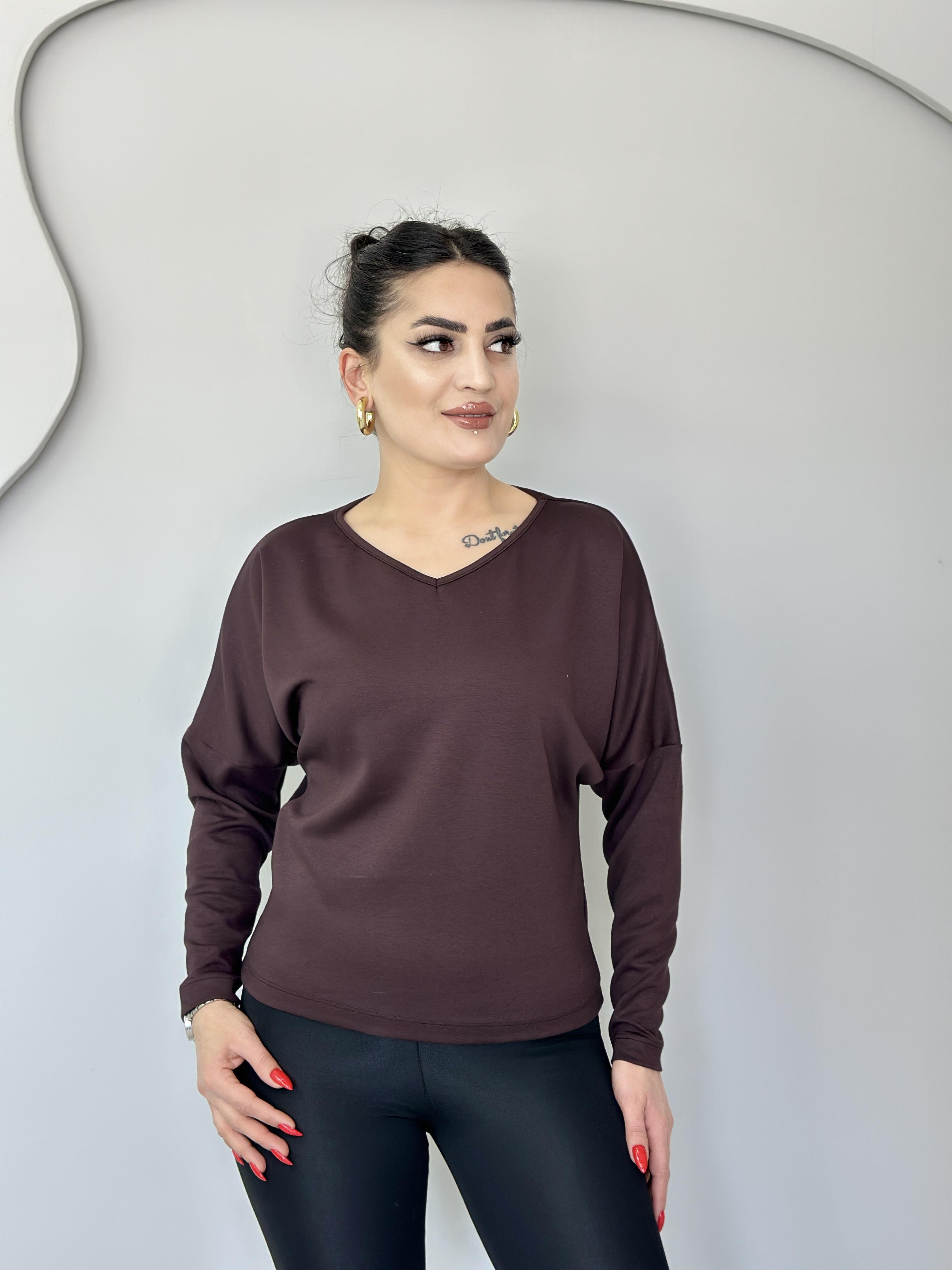 Selva Acı Kahve V Yaka Modal Kumaş Bluz c5656