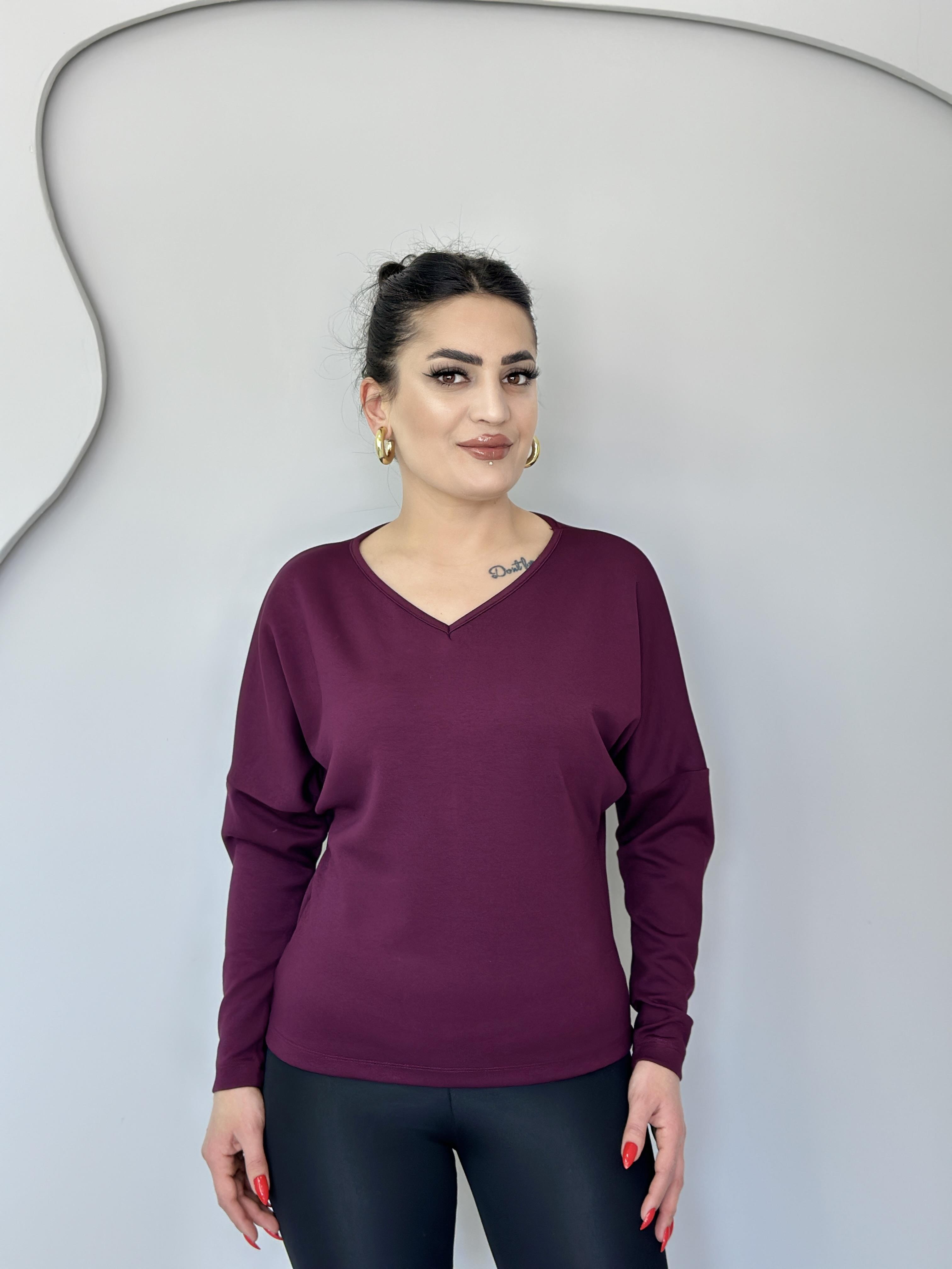 Selva Bordo V Yaka Modal Kumaş Bluz c5656