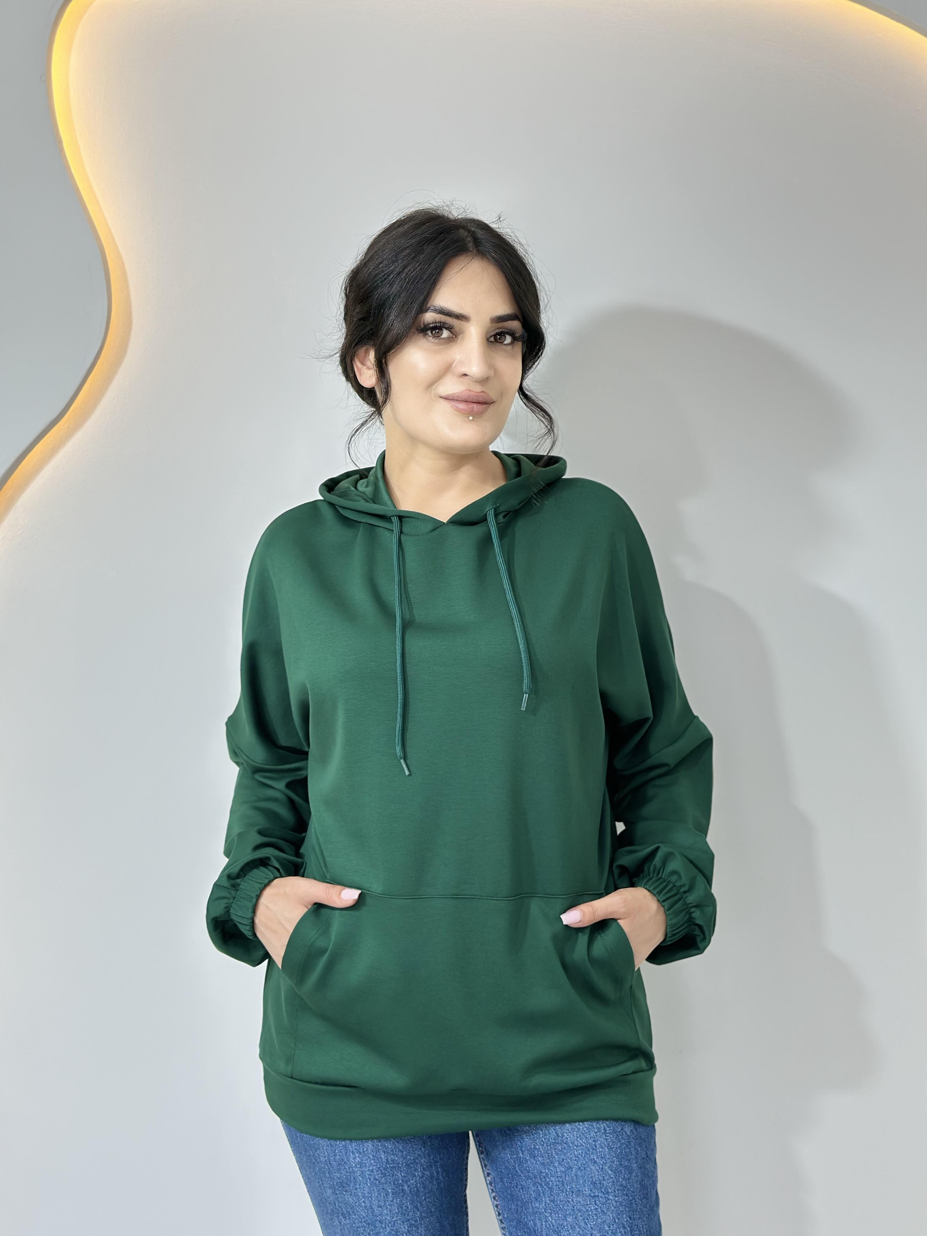 Sena Zümrüt Yeşili Kapüşonlu Kargo Cepli Oversize Sweat  A007