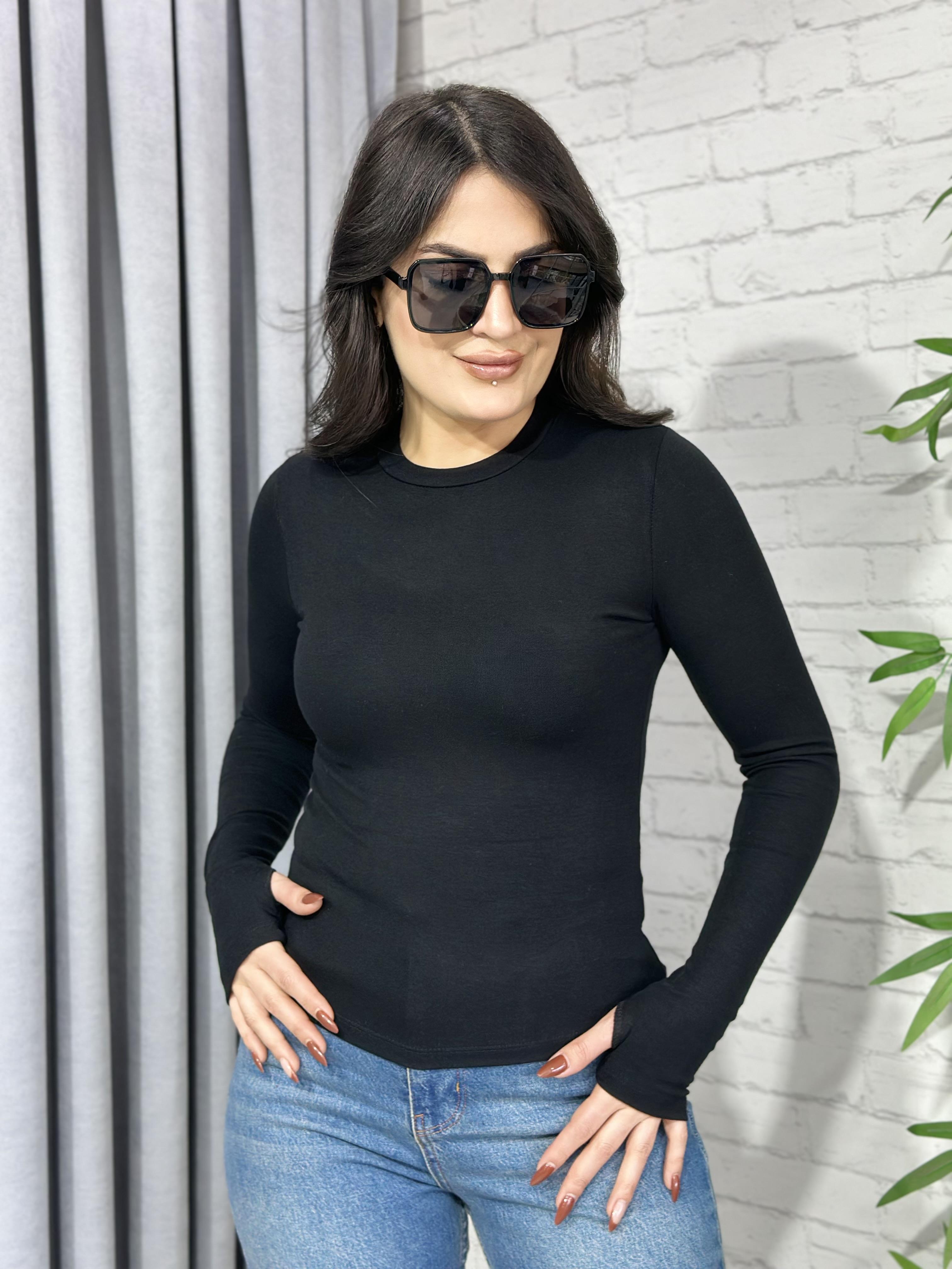 Siyah Bisiklet Yaka Modal Kumaş Uzun Kol Parmak Geçmeli Orjinal Body A640 