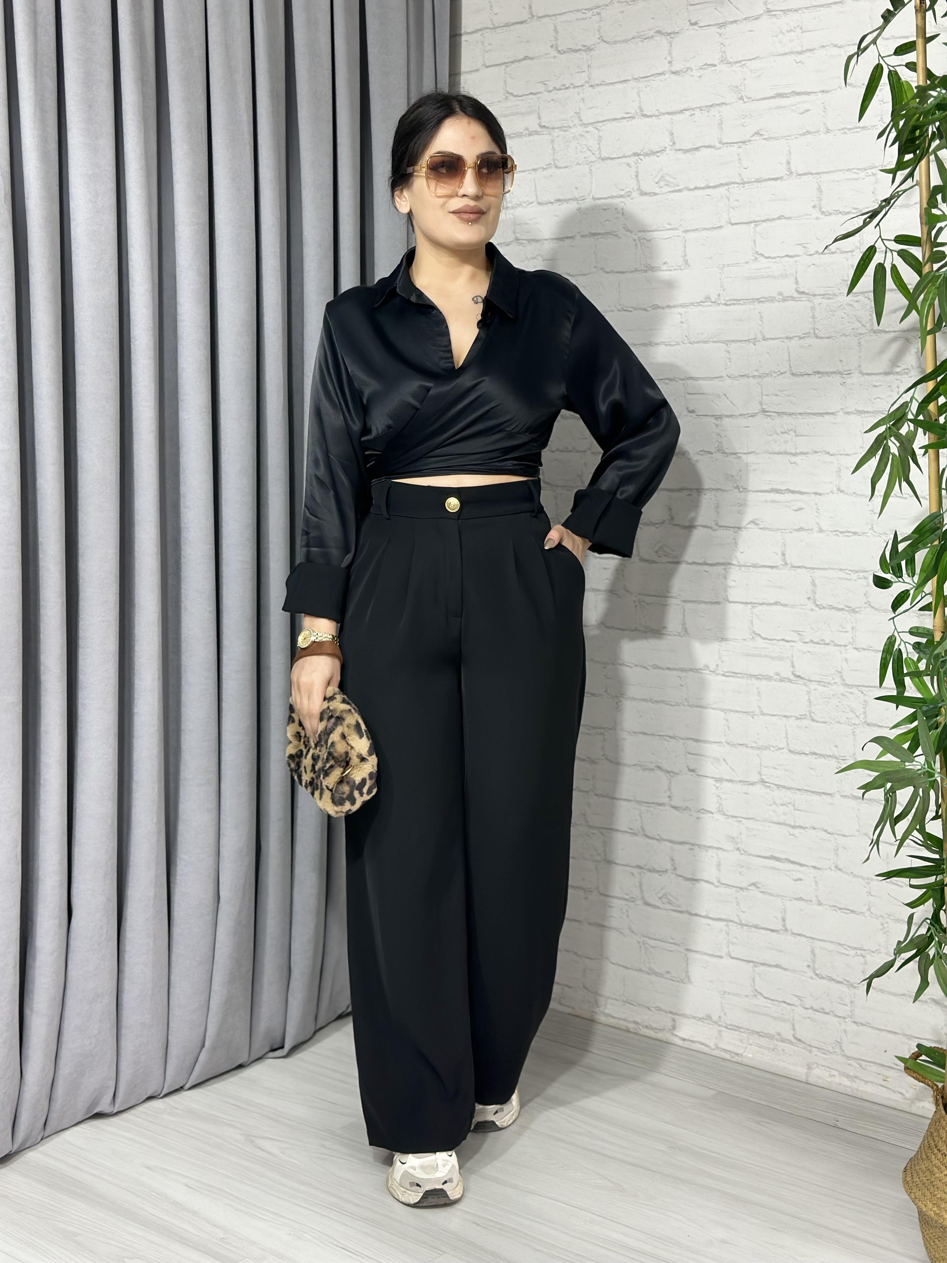 Siyah Gold Düğmeli Beli Lastikli Palazzo Pantolon A982