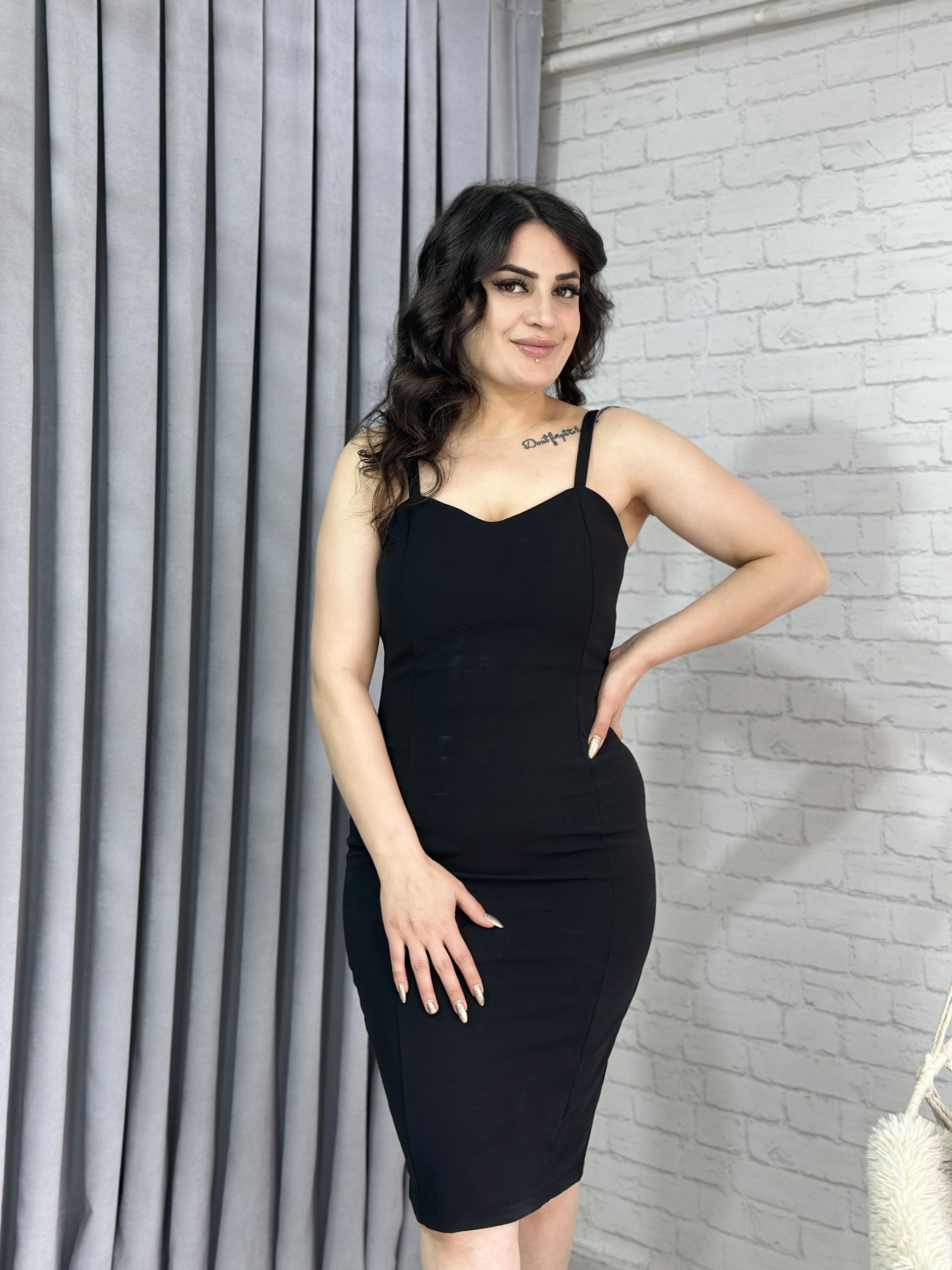 Siyah İp Askı Midi Boy Krep Kalem Elbise A063