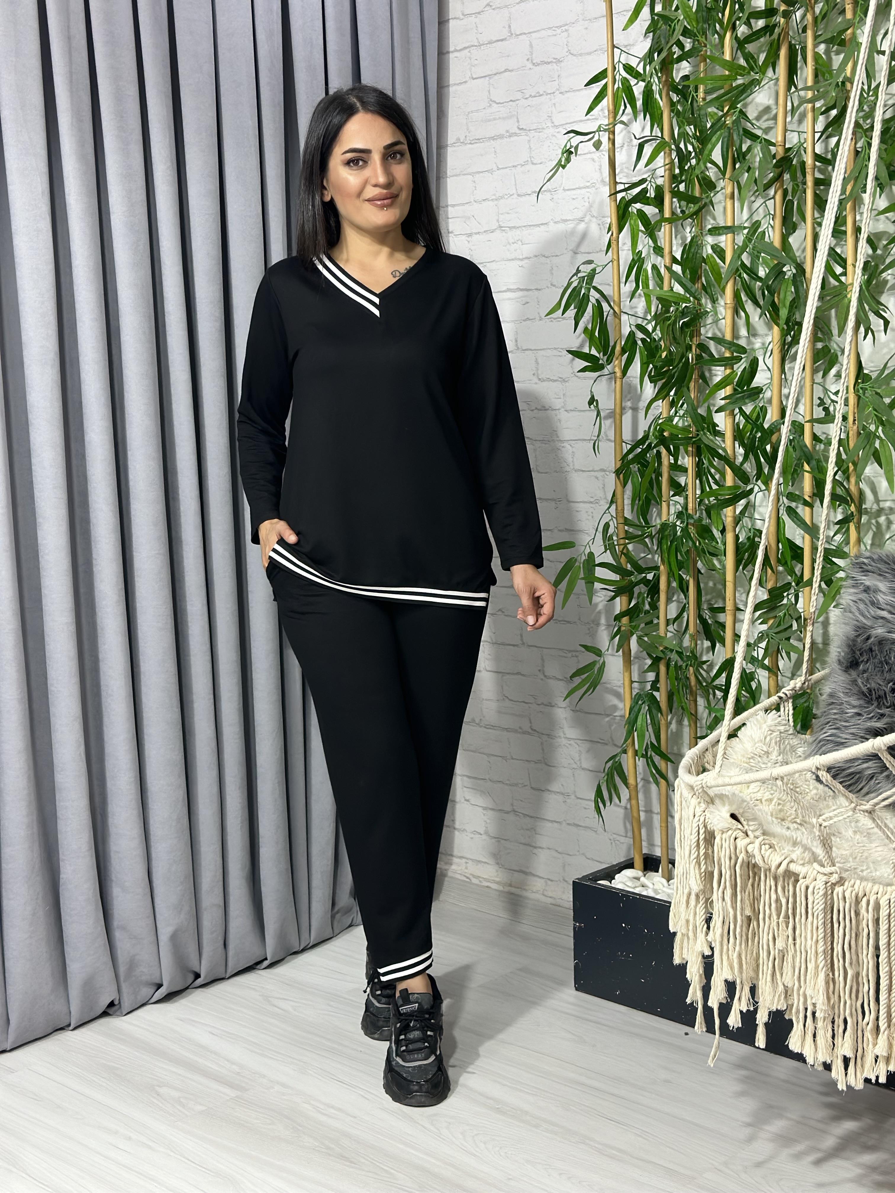 Siyah Pamuklu Viskon Ribanalı Kollu  İkili Takım 
