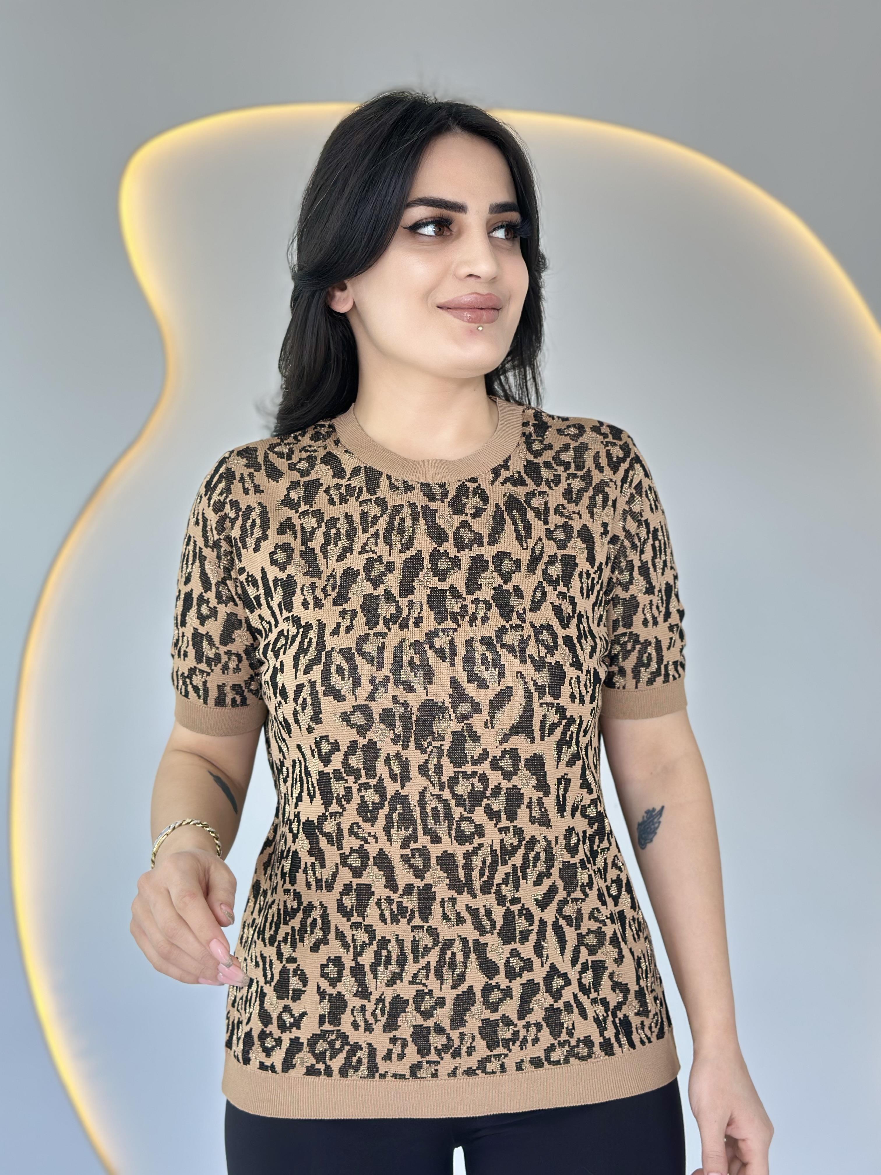 Soft Camel Leopar Bisiklet Yaka Kısa Kollu Bluz D018