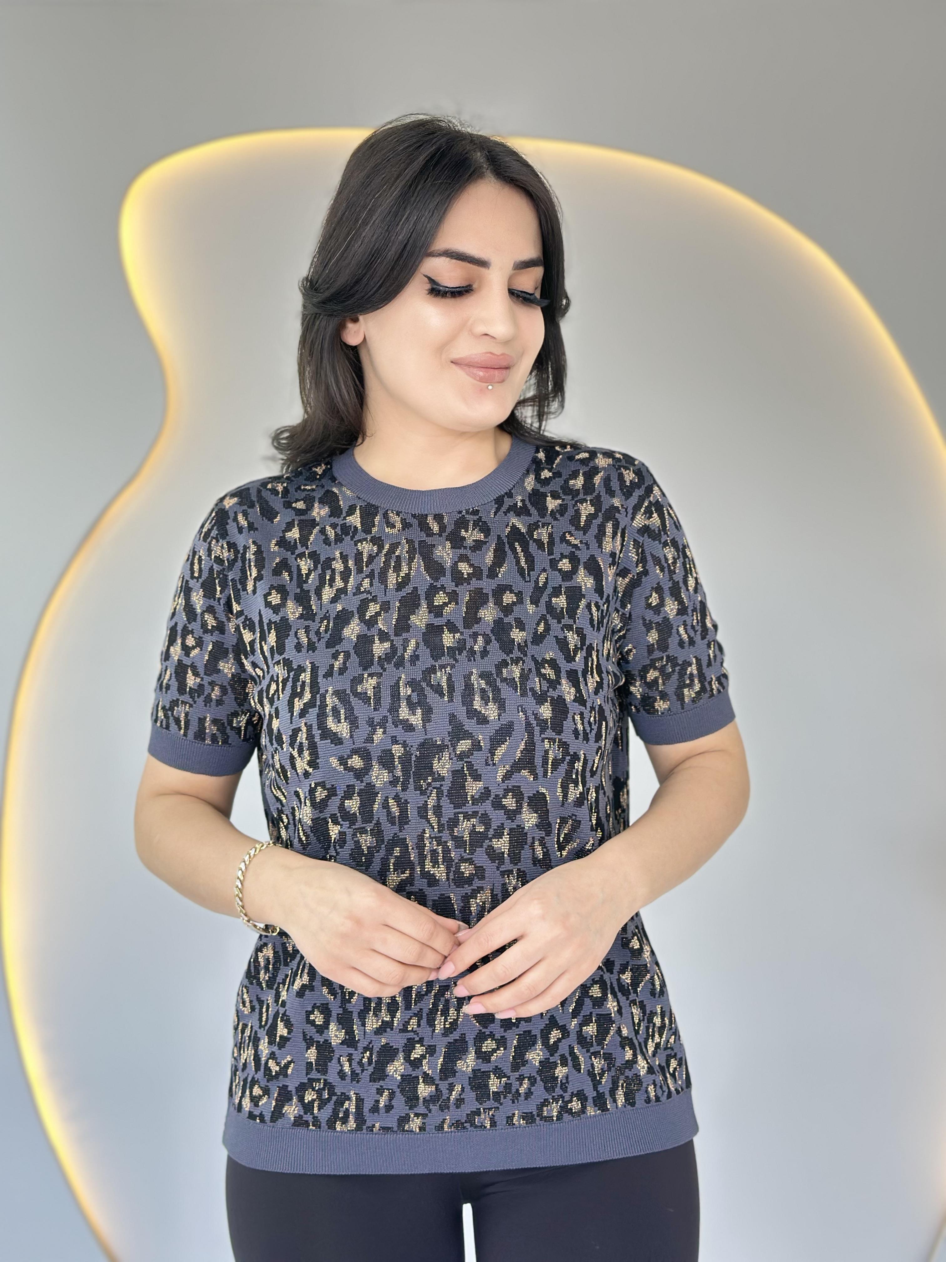 Soft Füme Leopar Bisiklet Yaka Kısa Kollu Bluz D018