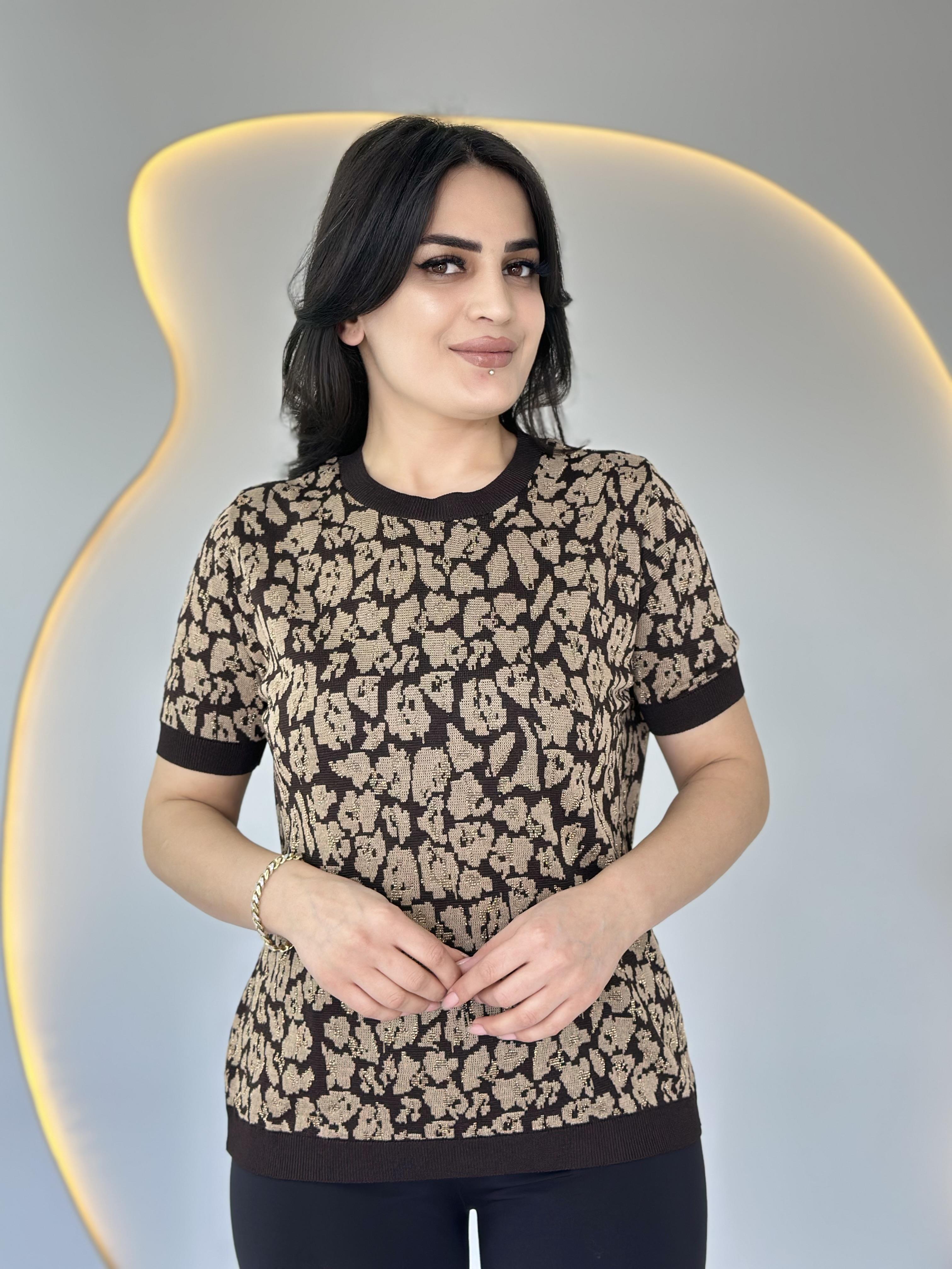 Soft Kahve Leopar Bisiklet Yaka Kısa Kollu Bluz D018