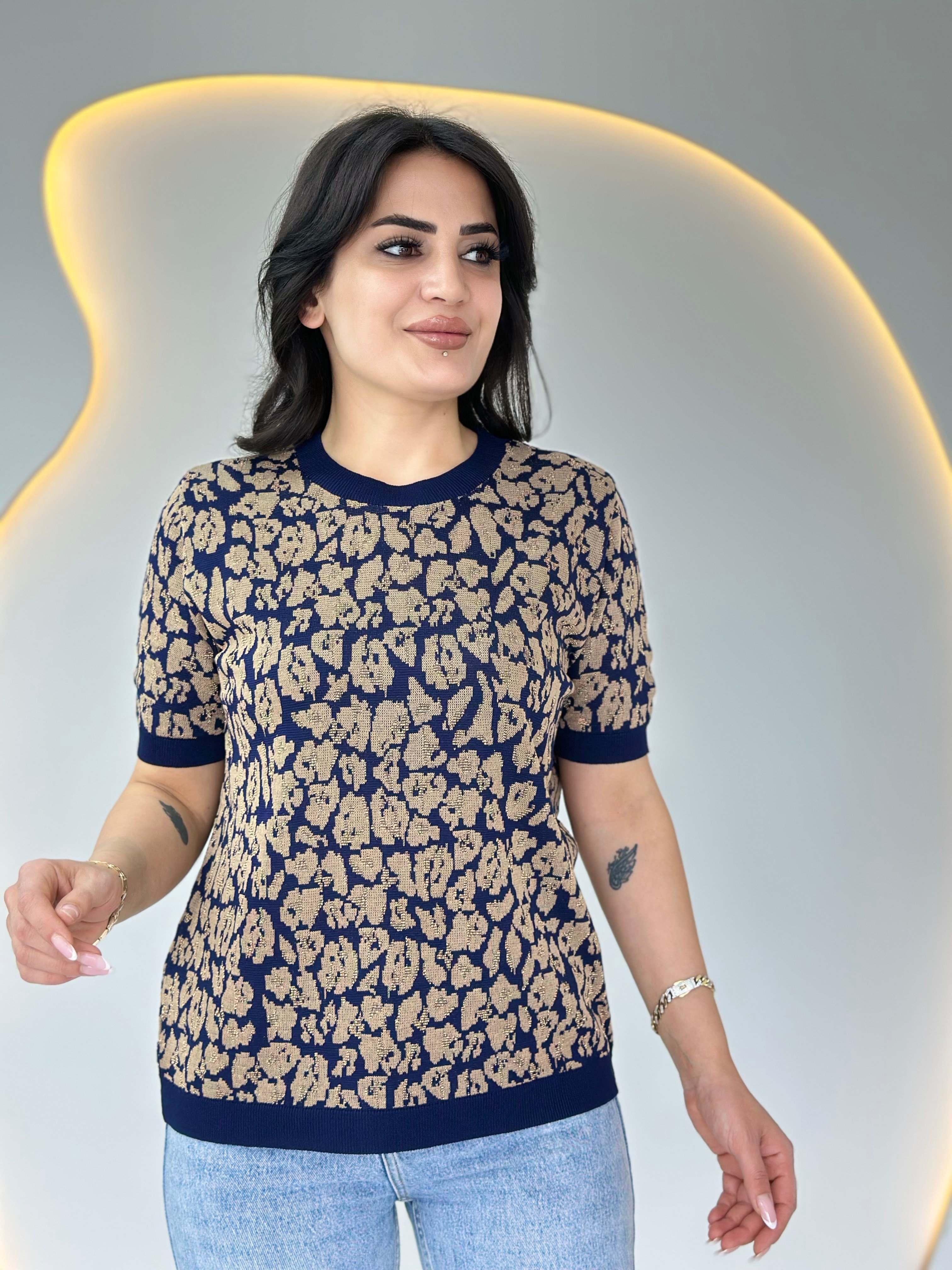 Soft Lacivert Leopar Bisiklet Yaka Kısa Kollu Bluz D018