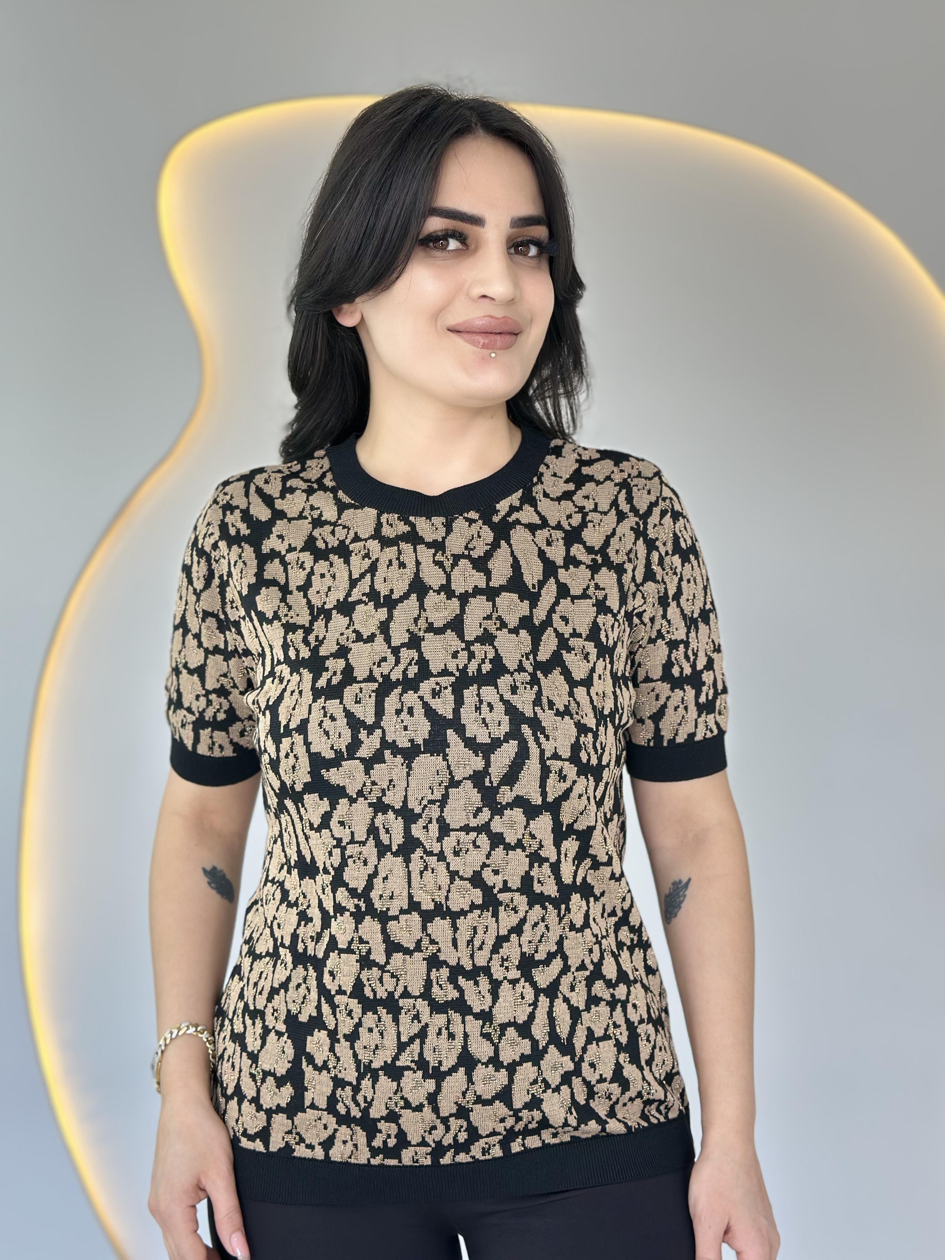 Soft Siyah Leopar Bisiklet Yaka Kısa Kollu Bluz D018