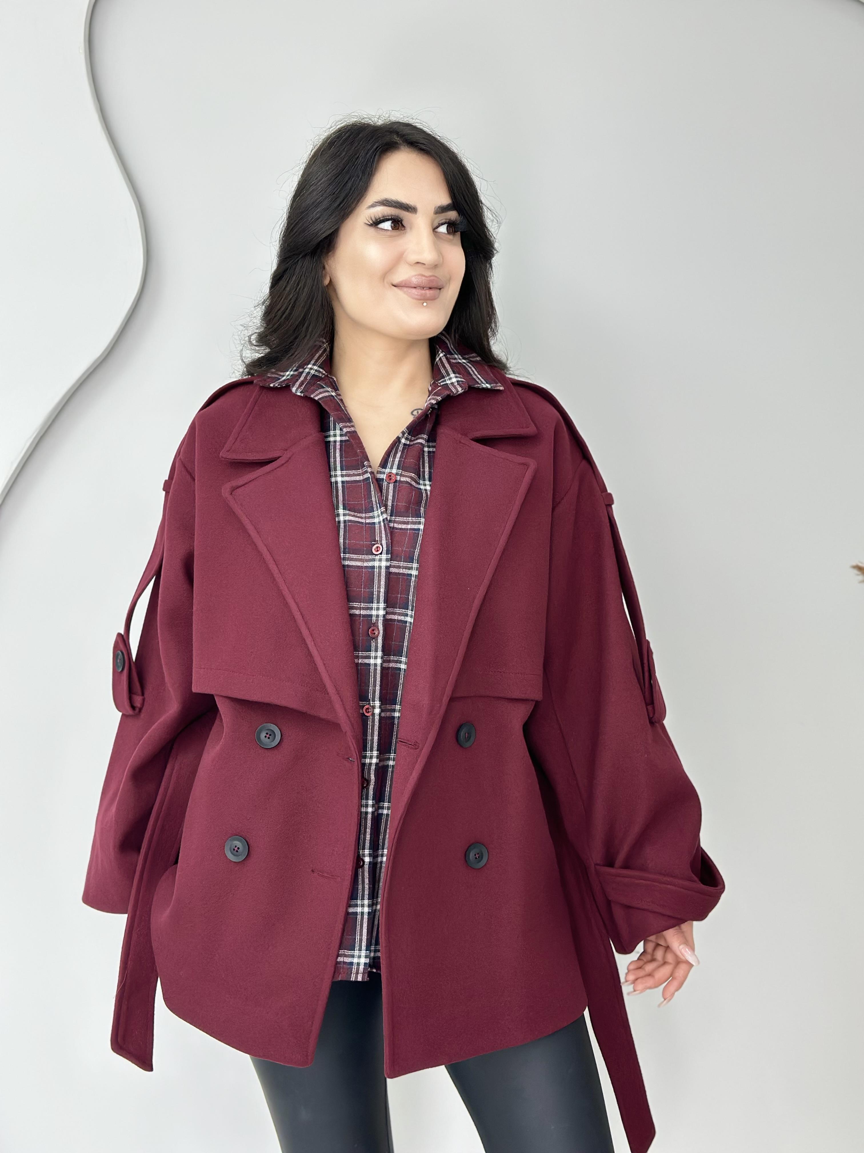 Sora Bordo Kruvaze Yaka Cepli Kuşaklı Premium Kalite Astarlı Kaban C1111