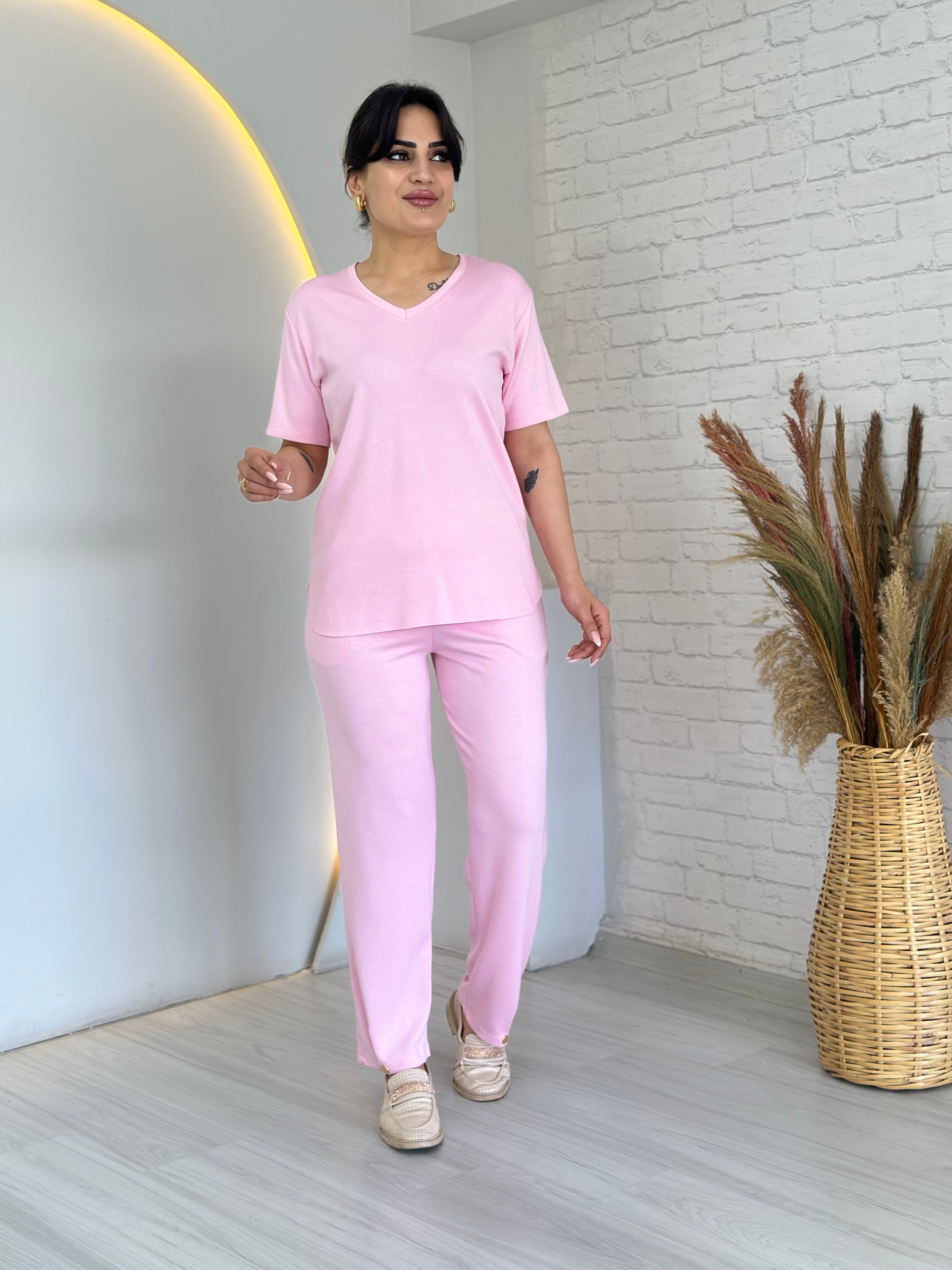 Tofi Pembe V Yaka İpek Modal Kumaş Kolu Paçası Çıtçıtlı Takım D133