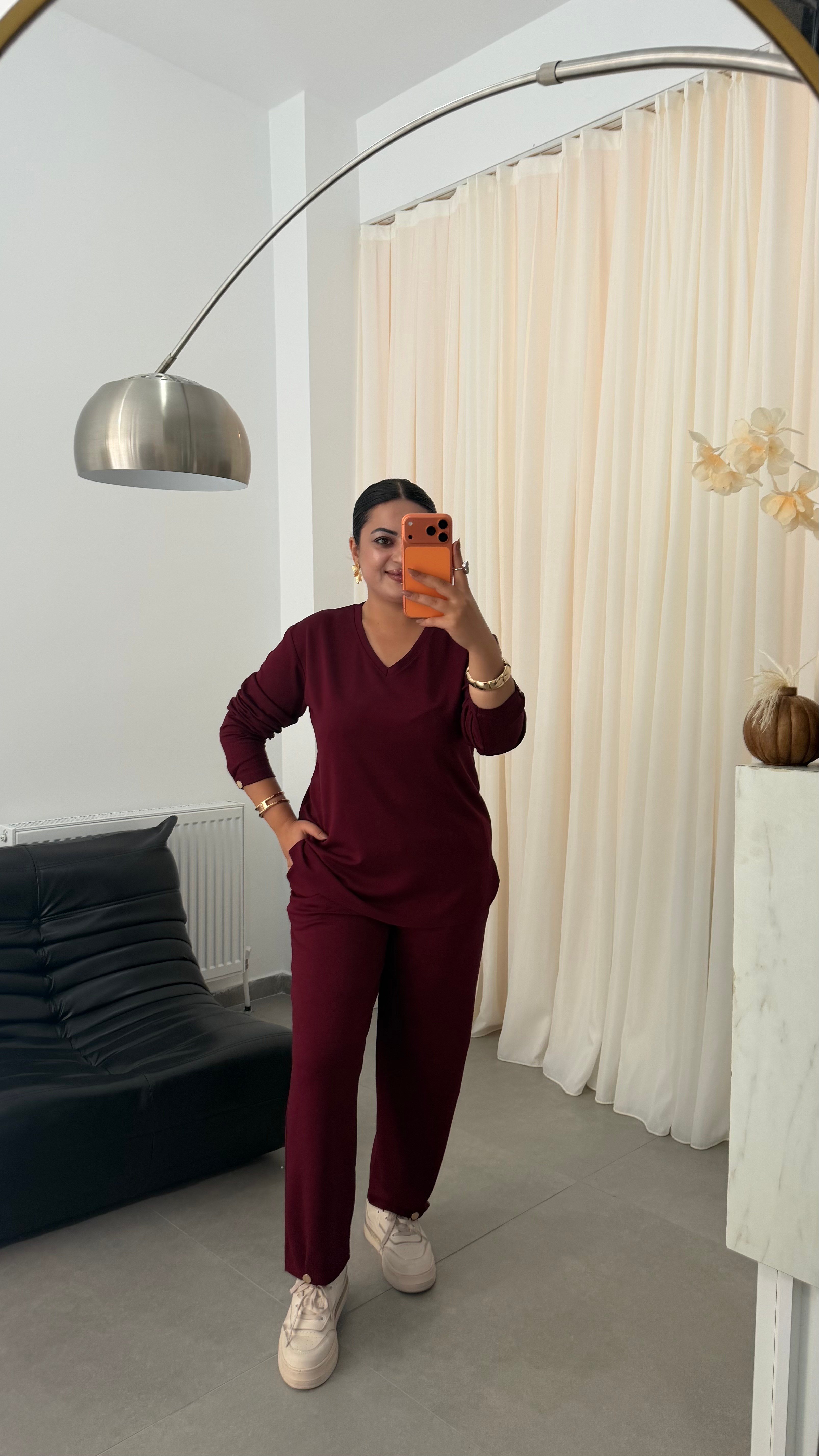 Tofi V Yaka İpek Modal Kumaş Kolu Paçası Çıtçıtlı Takım Bordo