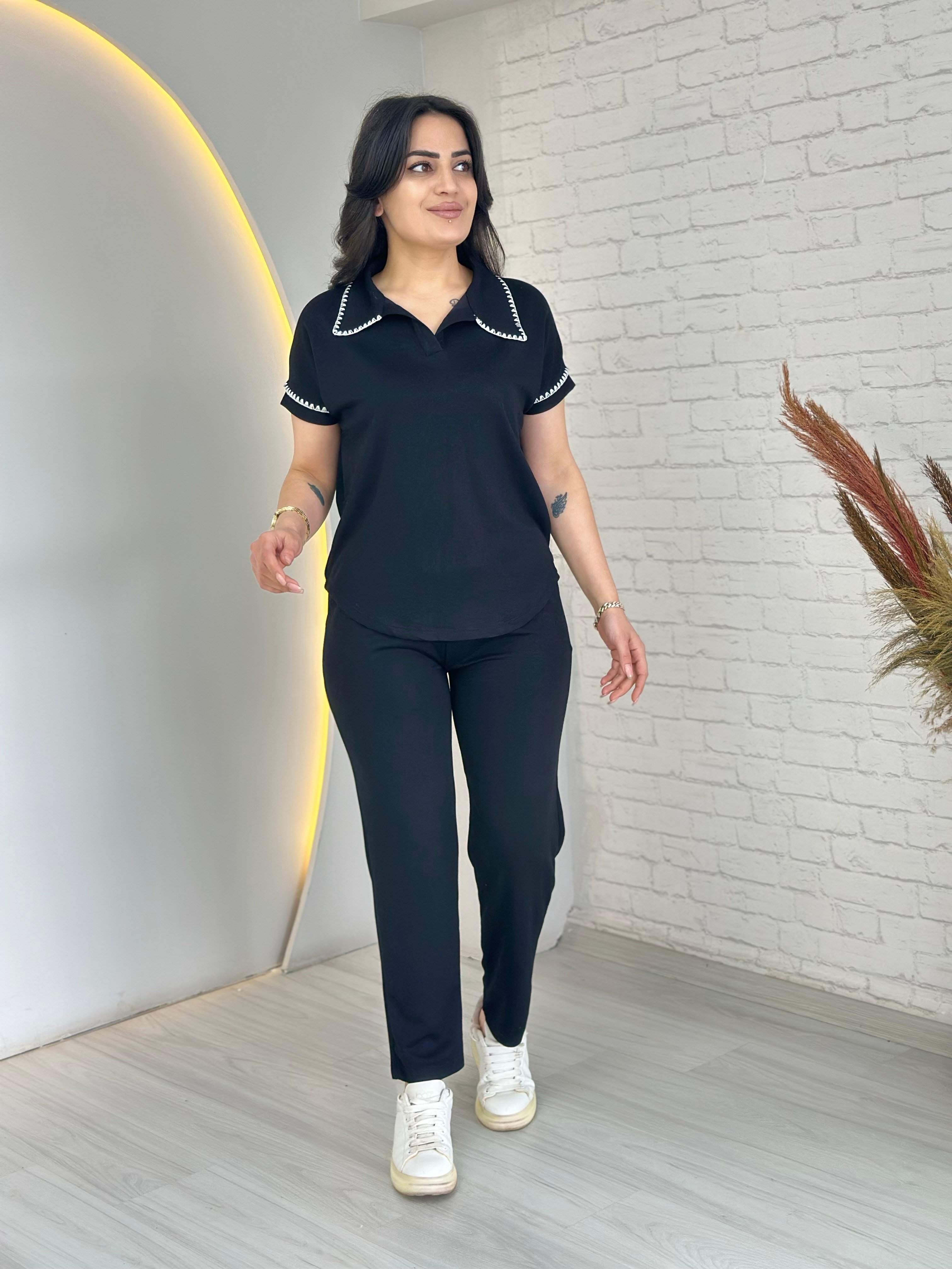 Truva Siyah Polo Yaka Kroşetalı Alt Üst Takım D070